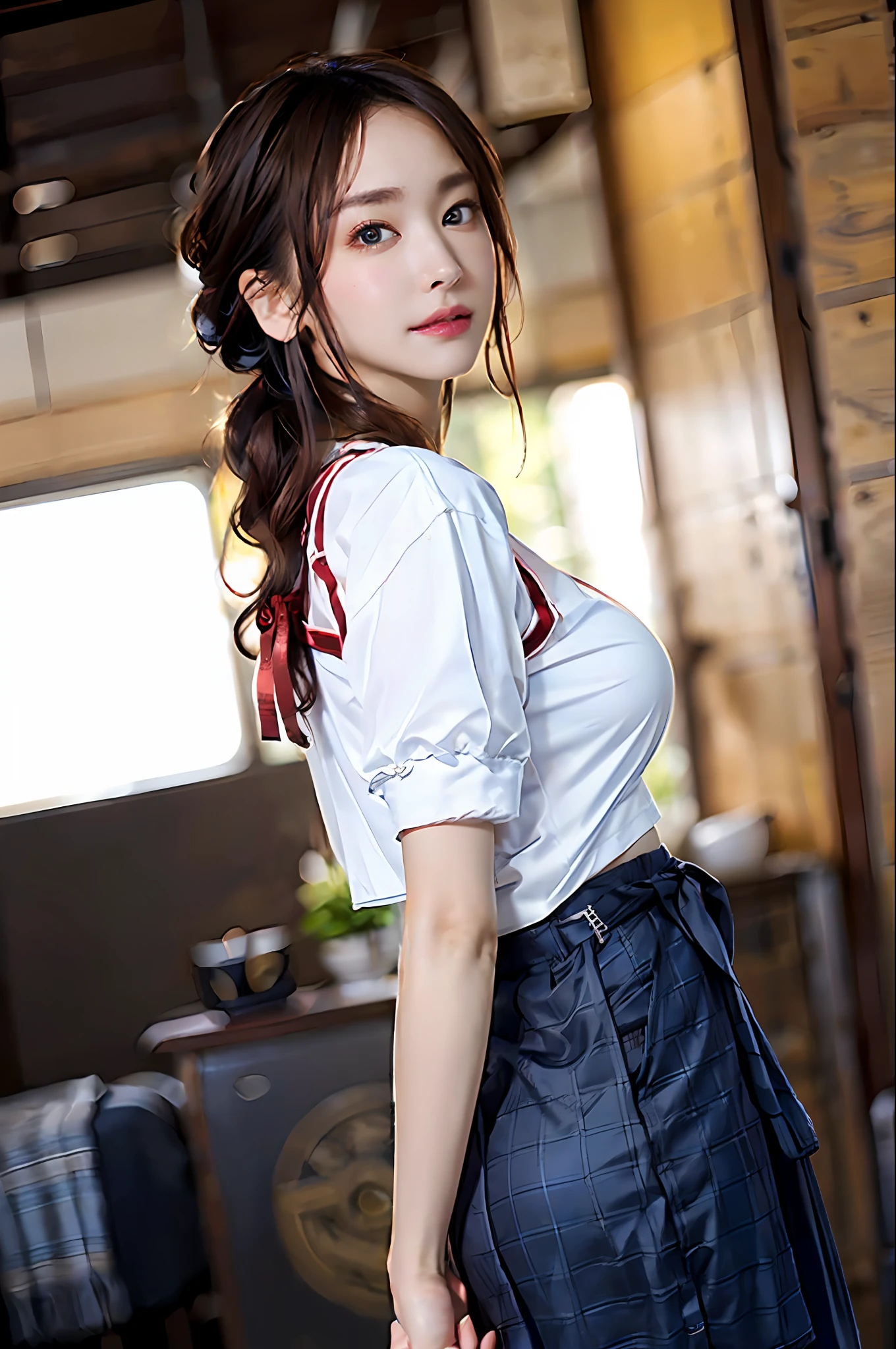 (top quality, masterpiece), 1girl, intricate details, (realistic lighting with shades), huge file size, high resolution, elegant, realistic, (perfect anatomical depiction of the human body), teenage girl standing in Japan schoolgirl outfit, serious look, girl whitening skin blue eyes, long hair with bangs is a brunette Japan with pigtails, japanese, ( Very big), (super big), (thin waist), (thin thighs), (baby face), (((crimson ribbon tie)). (neat white blouse of smooth thin fabric), (blouse  are very cramped), (no bra), (dark ), (blouse crushes  and spreads to the side), (dark blue tartan check micro mini pleated skirt), skirt is short and panties are almost visible, (white and large panties covering the ), ((no skin exposed on the upper body)), ( neat clothes with all buttons fastened), (the hem of the blouse is tucked inside the skirt), (the belly, back and  are hidden by the blouse and cannot be seen directly), (beautiful big blue eyes), (thin and clear double eyelid lines in the eyes), (glossy, plump and brightly toned tear bags under the eyes), (pale blue iris), (some highlights on the iris and pupil), ( Red representation of conjunctiva), (long eyelashes that are clearly present), (Blouse with super big), (skin and hair glossy in the sunlight), Shot in a dark room in the western sun, (She shrugs slightly at her inner thighs and leans forward to stare at the person in front of her), ((holding her  with both hands)), ((Shot from directly in front or behind)), perfect hands, nice hands, bowtie, , nipslip,
