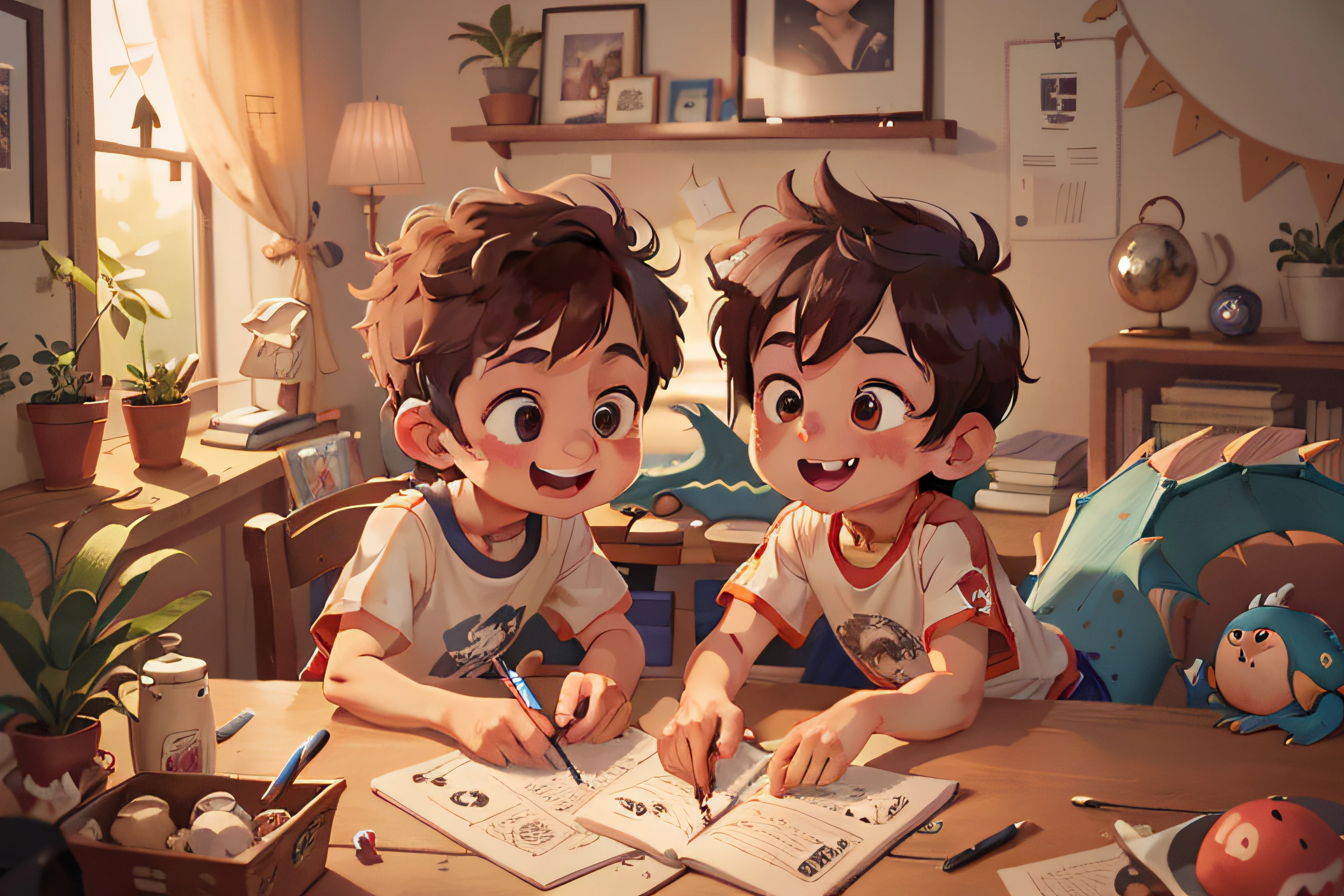 UHD,(High definition resolution:1.2),Skin luster,(Best quality:1.1),(masterpiece),(best quality),smile,(beautiful detailed face),(beautiful detailed eyes),8K, at his bedroom ,((Two boys are playing)),Peripheral small animals,lovable,dragon boat,