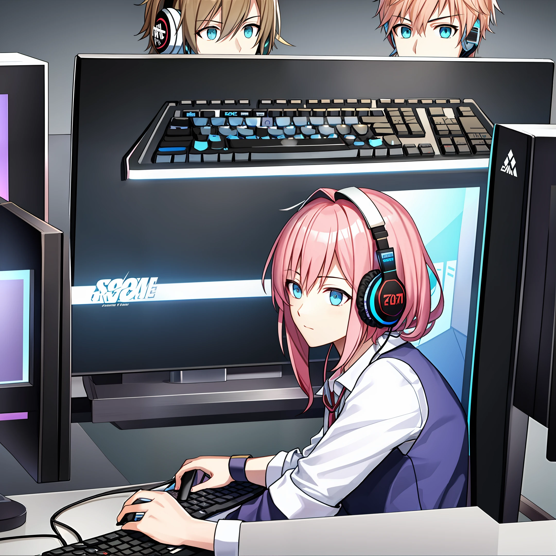 Esports room Boys Lights Wear headphones Sit at a computer desk and play games