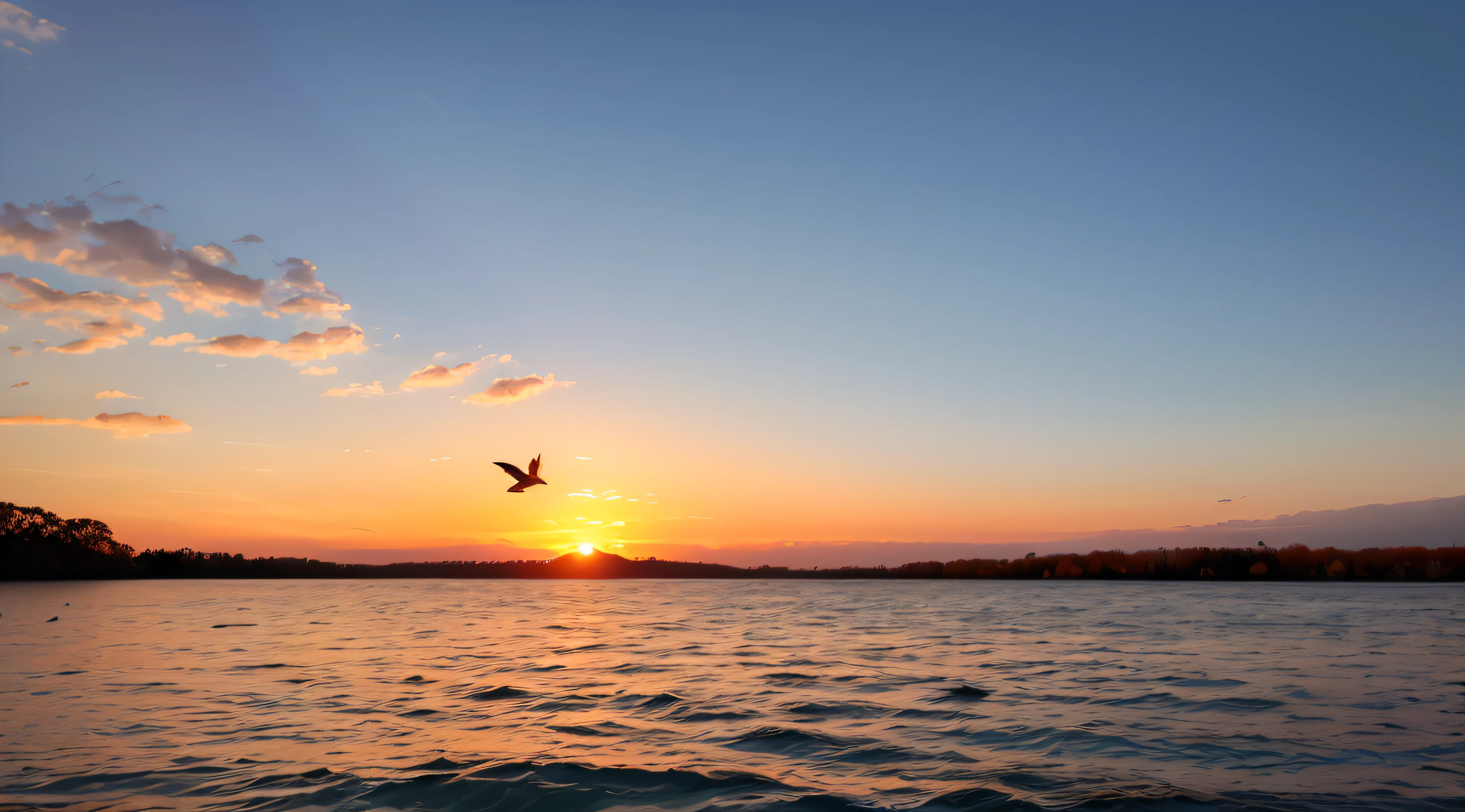 The sunset and the lone duck fly together, and the autumn water is the same color as the sky --auto