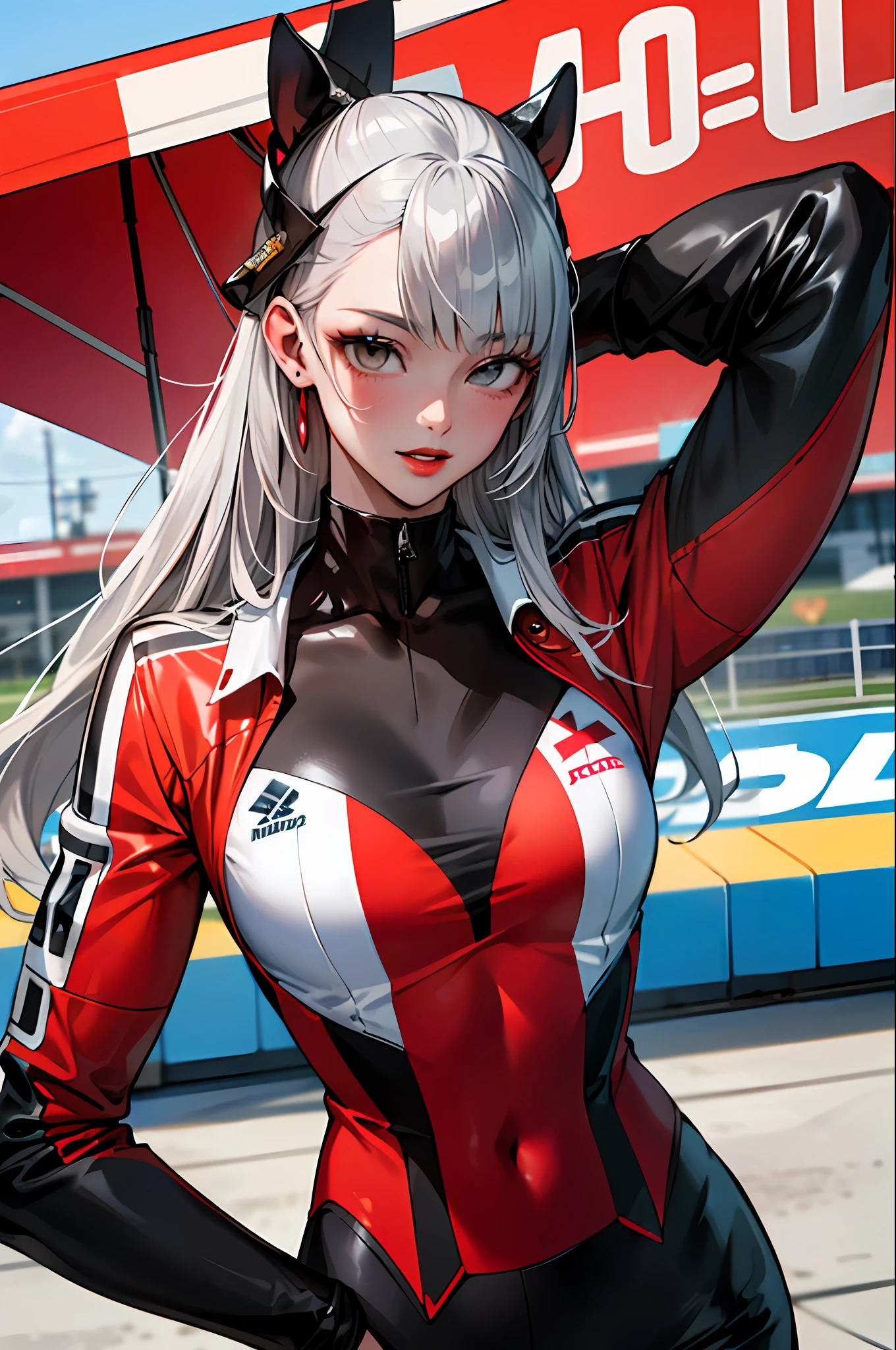 (​masterpiece:1.4)、(top-quality:1.4)、
1girl in, Bewitching Grid Girl, Long silver hair, looking at the viewers, 独奏 ,realisitic,(shinny skin),(​masterpiece:1.4),(top-quality:1.4),red-lips、Racetrack