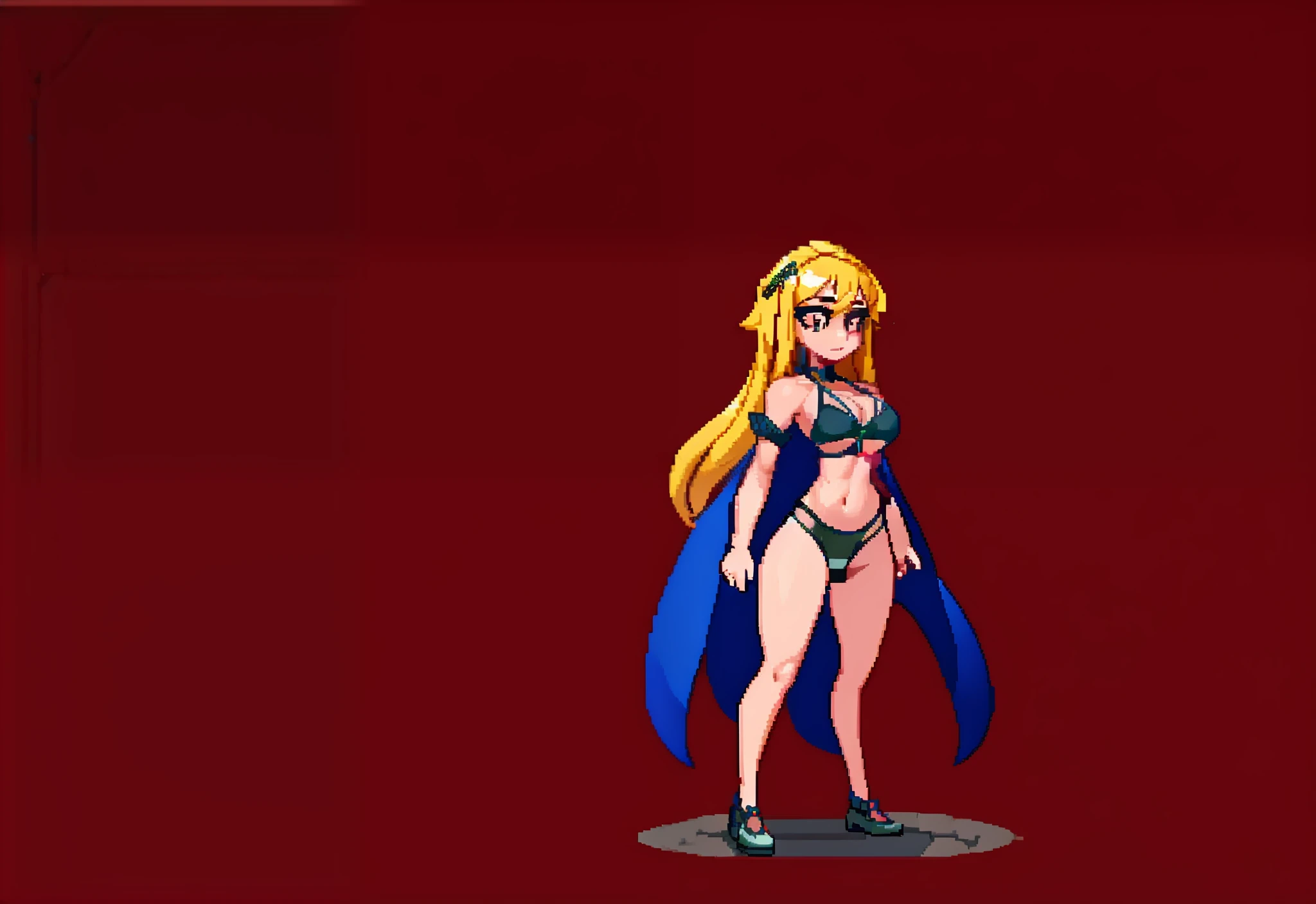 1Mulher, cabelo de rabo de cavalo, arms on hips, Olhoss amarelos, sozinho, Presas, delineador, corada, cabelo vermelho cacheado, medium breasts, tatuagem, micro tying bikini, olhando para o espectador, maquiagem, boca aberta, fundo gradiente, standing on her feet , pernas abertas, virilha exposta, cameltoe, corpo inteiro, pixel