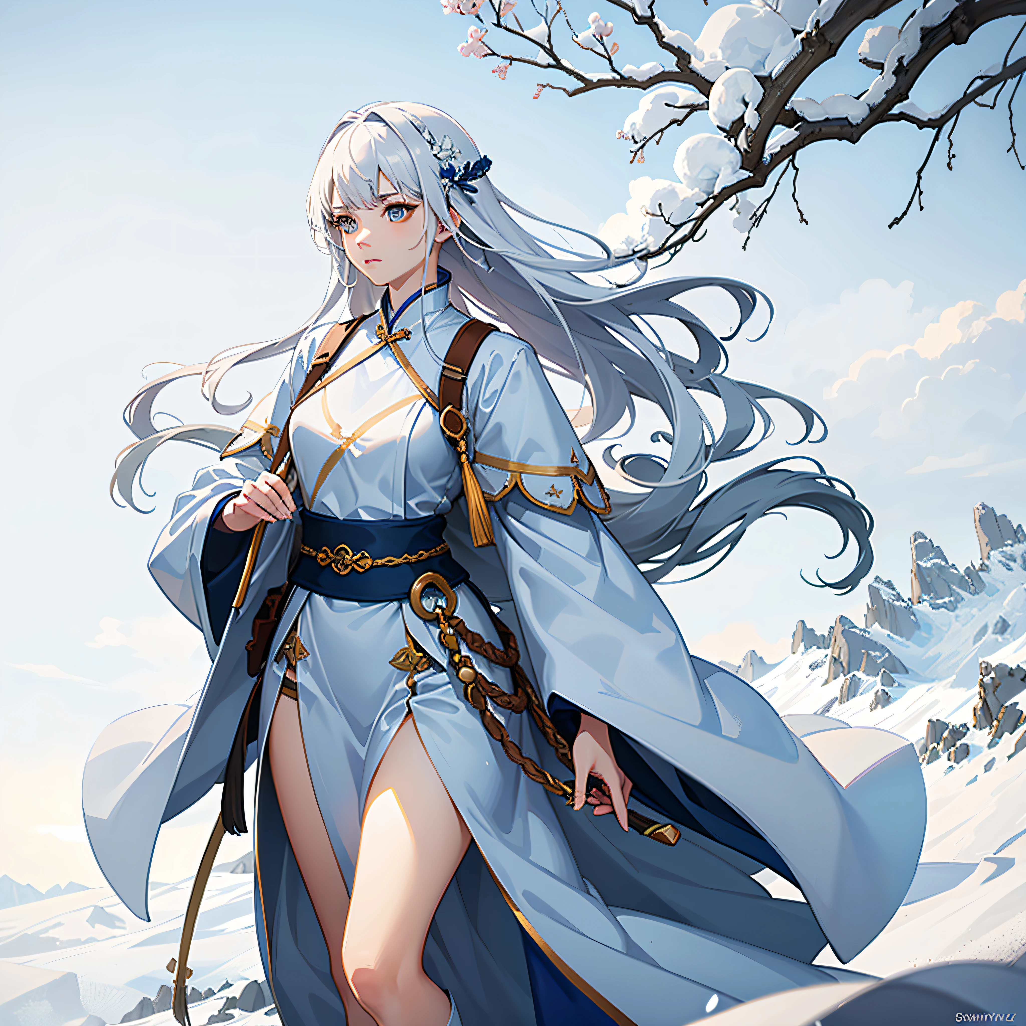 Close-up of a woman in a white dress holding a sword,snowfield,Long snow-white hair,Ancient wind,The popularity of CGsociety,Fantasyart,Beautiful character painting,Guviz-style artwork,Guvitz,White Hanfu,Flowing white robe,full-body wuxia,epic exquisite character art,Stunning character art,beautiful female assassin