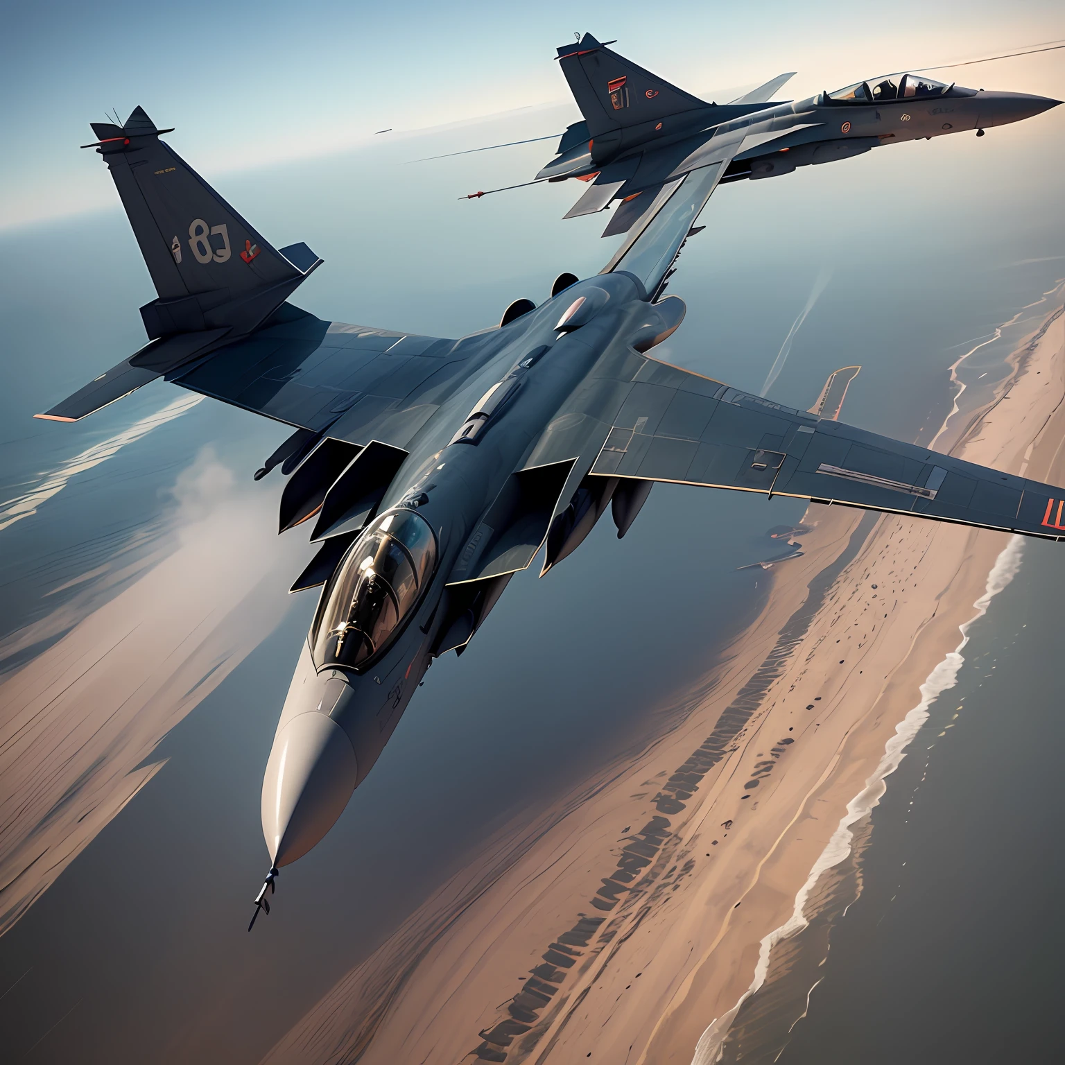 There is a jet flying over the ocean and sand, fighter jets, fighter jets