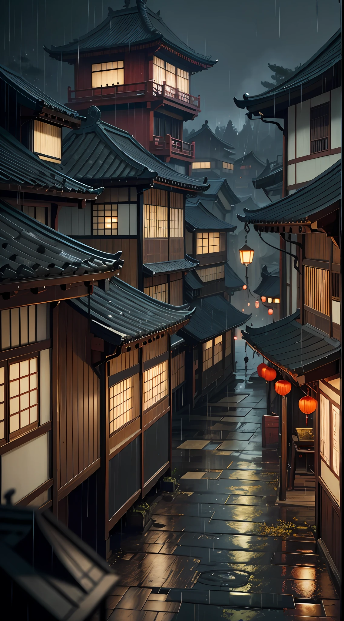 arafed view of a village with a lot of lights on the buildings, dreamy chinese town, chinese village, amazing wallpaper, japanese town, japanese village, hyper realistic photo of a town, old asian village, japanese city, by Raymond Han, rainy evening, cyberpunk chinese ancient castle, beautifully lit buildings, at evening during rain, beautiful and aesthetic, photography, cinematic, 8k, high detailed ((Heavy rain)))