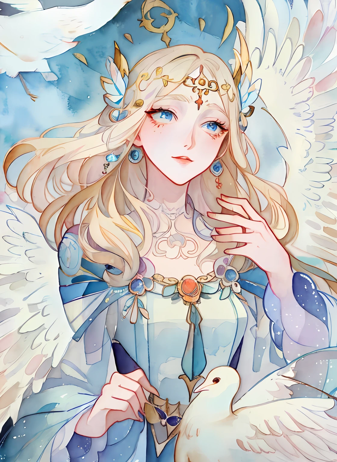 a drawing，The painting depicts a woman with white wings and a dove, inspired by Miho Hirano, watercolor detailed art, author：Mary Angel, inspired by Naoko Takeuchi, inspired by Marie Angel, Alphonse mucha and rossdraws, ethereal fairytale, Inspired by Rebecca Gay, trending on artstration, watercolor colored painting, Watercolor illustration style, goddess of love and peace