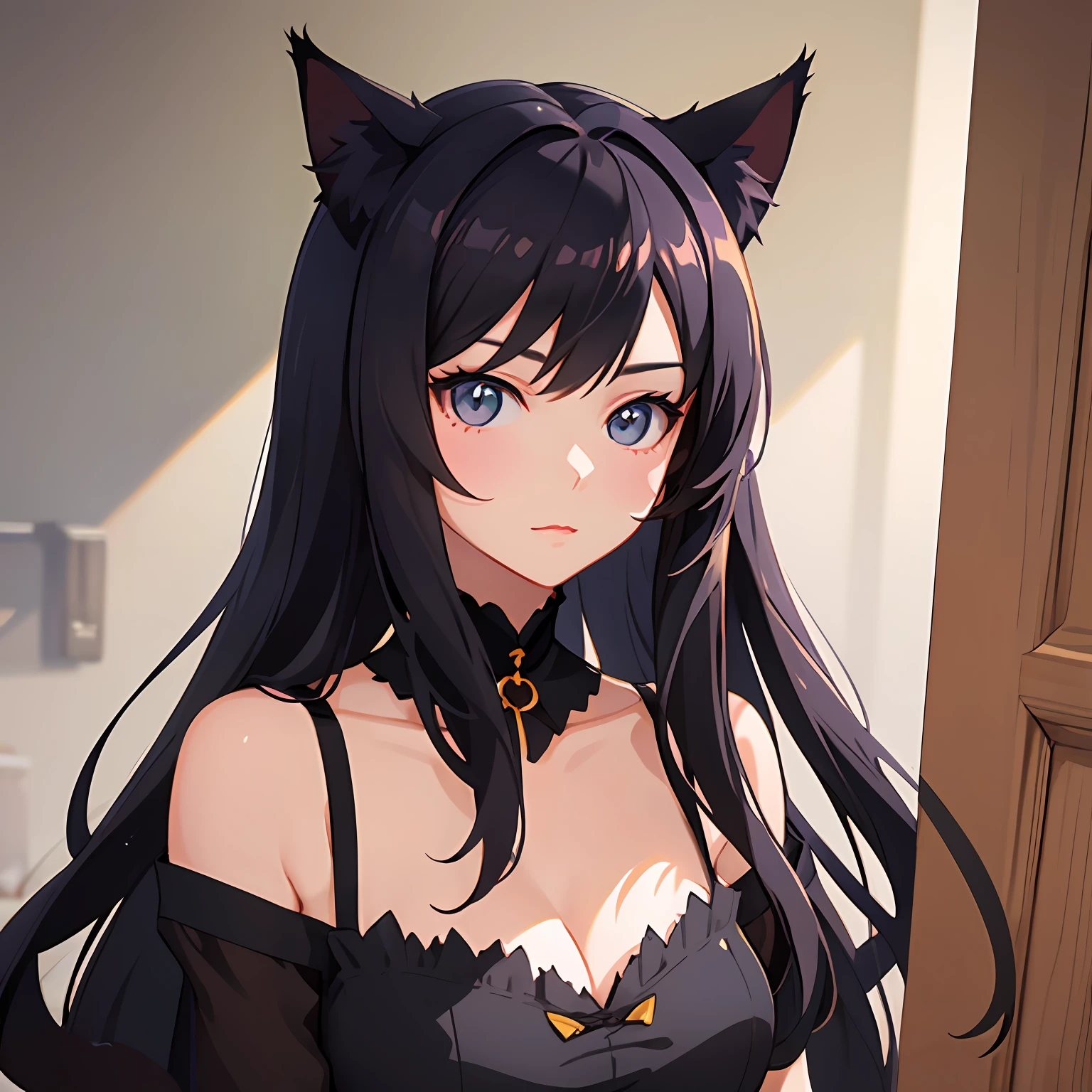 there is a woman in a black cat suit posing for a picture, Attractive cat girl, beautiful young catgirl, very beautiful cute catgirl, beautiful anime catgirl, Very beautiful anime cat girl, IG model | Art germ, portrait of ahri, anime girl with cat ears, Extremely detailed Artgerm, Guviz-style artwork, Cat girl