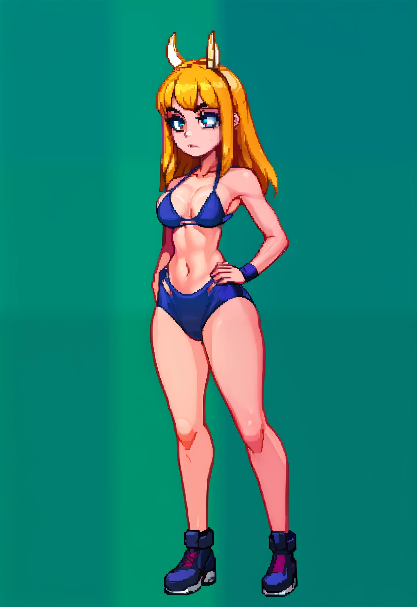 1Mulher, cabelo de rabo de cavalo, arms on hips, Olhoss amarelos, sozinho, Presas, delineador, corada, cabelo vermelho cacheado, medium breasts, tatuagem, micro tying bikini, olhando para o espectador, maquiagem, boca aberta, fundo gradiente, standing on her feet , pernas abertas, virilha exposta, cameltoe, corpo inteiro, pixel