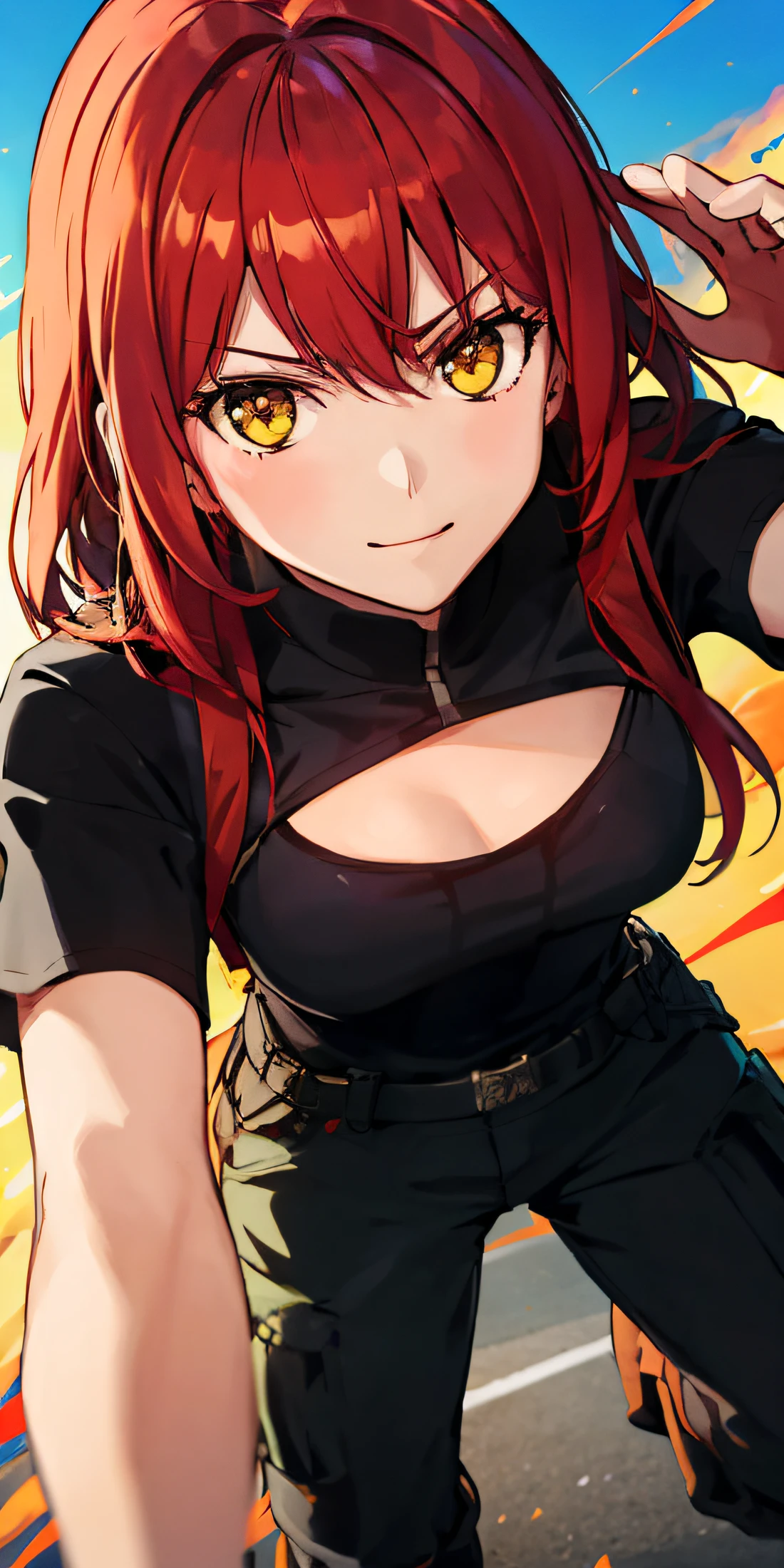 Anime girl posing for photo with red hair and black shirt, Marin Kitagawa fanart, anya from spy x family, from girls frontline, Fine details. Girl Front, waist up portrait, anime moe art style, Female protagonist 👀 :8, seductive anime girls, girls frontline style, portrait of a female anime hero, roguish smirk