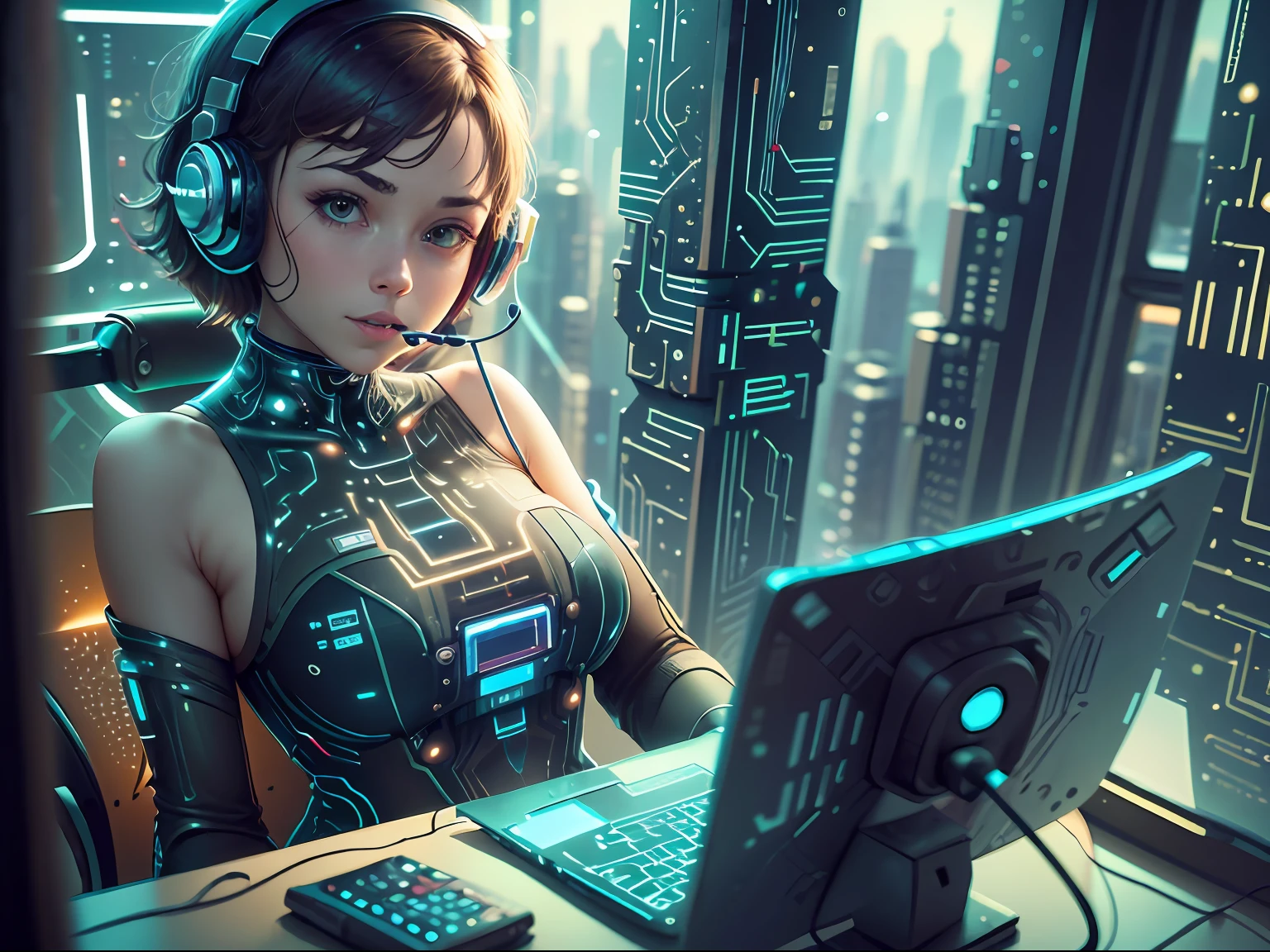 Call center wearing a headset, Rostran 8 K, call center office, cute little woman with small breasts with a little round face working in call center, man with android hands and feet is calling, KPI dashboard is displayed, Rostran and WLOP, futuristic city beyond the window, transparent futuristic table, transparent paso, Cyberpunk Style, Rostran Style, Worksafe