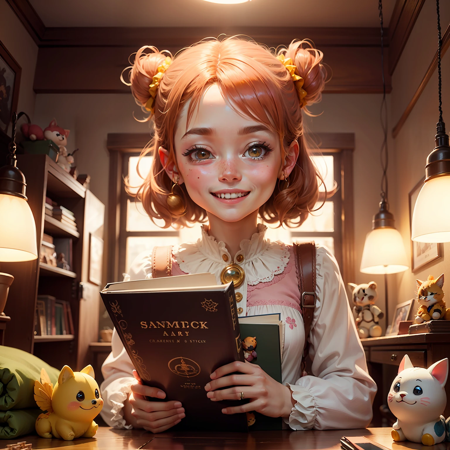 hyper-detailing, 8k, vibrant with colors, fairy tale style, Dimm, warm light, Warm interior scene, The items are rich in detail, Childlike atmosphere, Smiley faces or cute expressions, orange colors、amarelo、Pink tones, music instrument, book, toys, Detailed scenes such as animals。 --auto