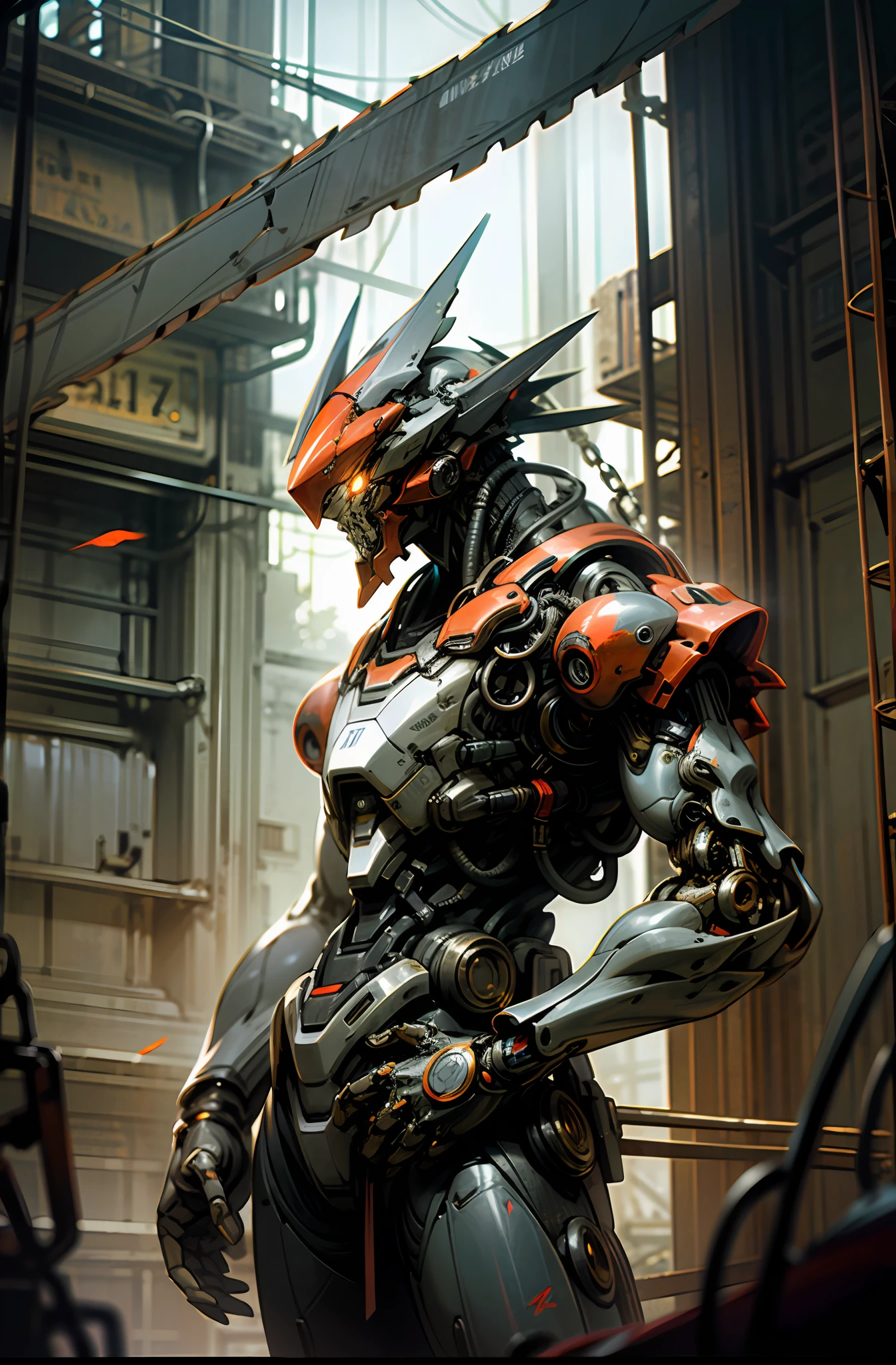 8K wallpapers, ultra-detailed works, cinematic lighting, realistic photos, Dark_Fantasy, Cyberpunk, (chain saw, chain saw man, Red: 1.1), 1man, Mechanical marvel, Robotic presence, Cybernetic guardian, wearing a worn-out mech suit , intricate, (steel metal [rust]), elegant, sharp focus, photographed by greg rutkowski, soft lighting, vibrant colors, masterpiece, ((street)), cowboy shot, dynamic pose,