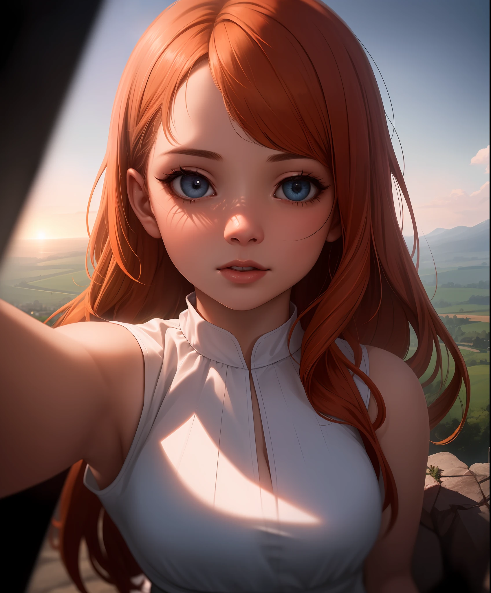 anime style, model shoot style, (upper body) (selfie:1.7) of a (( girl:1.6)), (1girl:1.3), (orange hair, long hair:1.3), (white dress:1.3, landscape in the background:1.5), ((beautiful face: 1.7, perfect face:1.5)), (best quality:1.5, hyperrealistic:1.5, photorealistic:1.4, Madly detailed CG unity 8k wallpaper:1.5, masterpiece:1.3, Madly detailed photo:1.2), (hyper-realistic lifelike texture:1.4, realistic eyes:1.2), (octane render, unreal engine 5), (ecstasy of light and shadow:1.5, deep shadow:1.5), (sony a7, 50 mm, film grain:1.5, 4K UHD HDR), (photo by lee jeffries, Greg Rutkowski and Magali Villanueva)