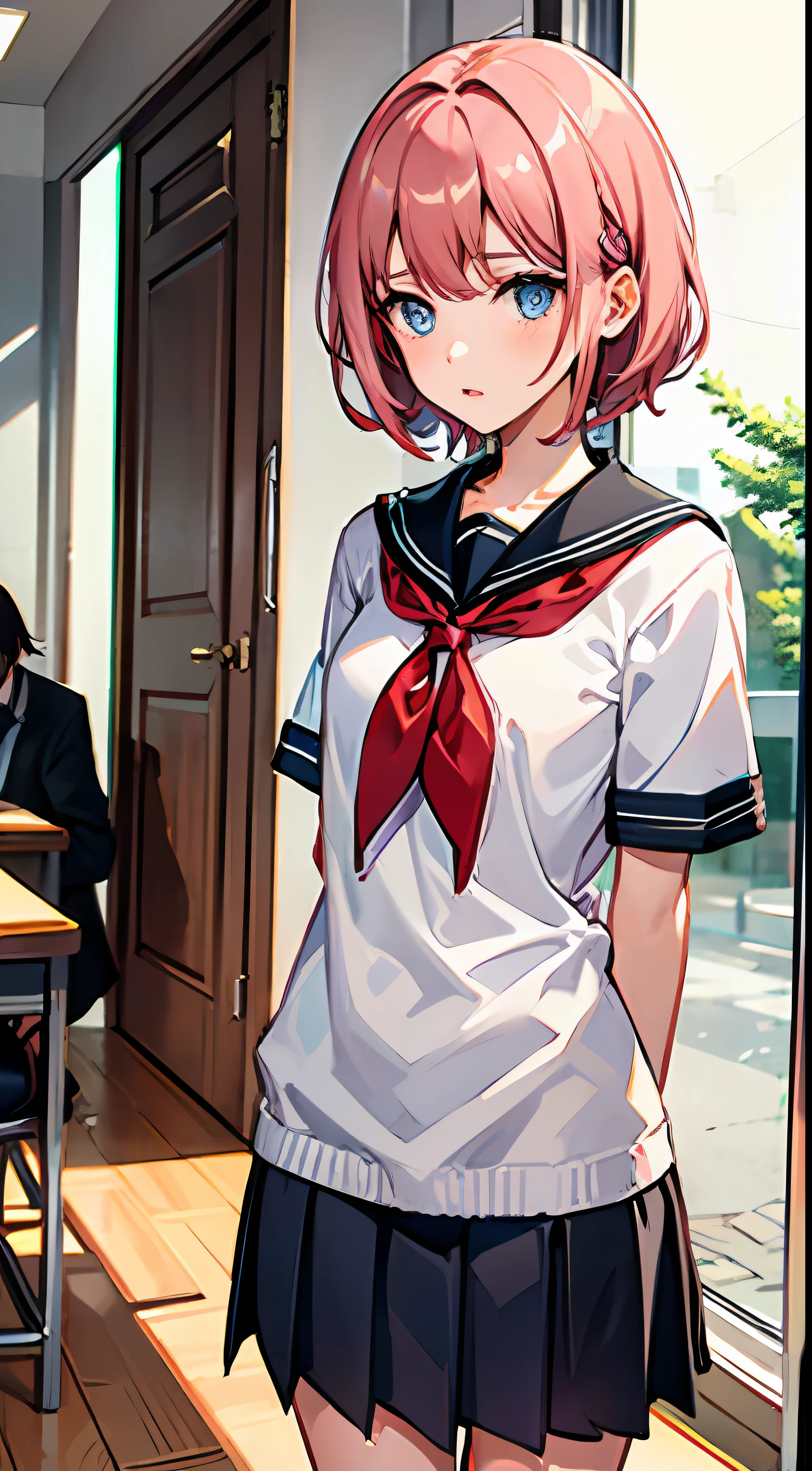 Girl with short pink hair,Confess to you shyly,JK school uniform,With a petite figure