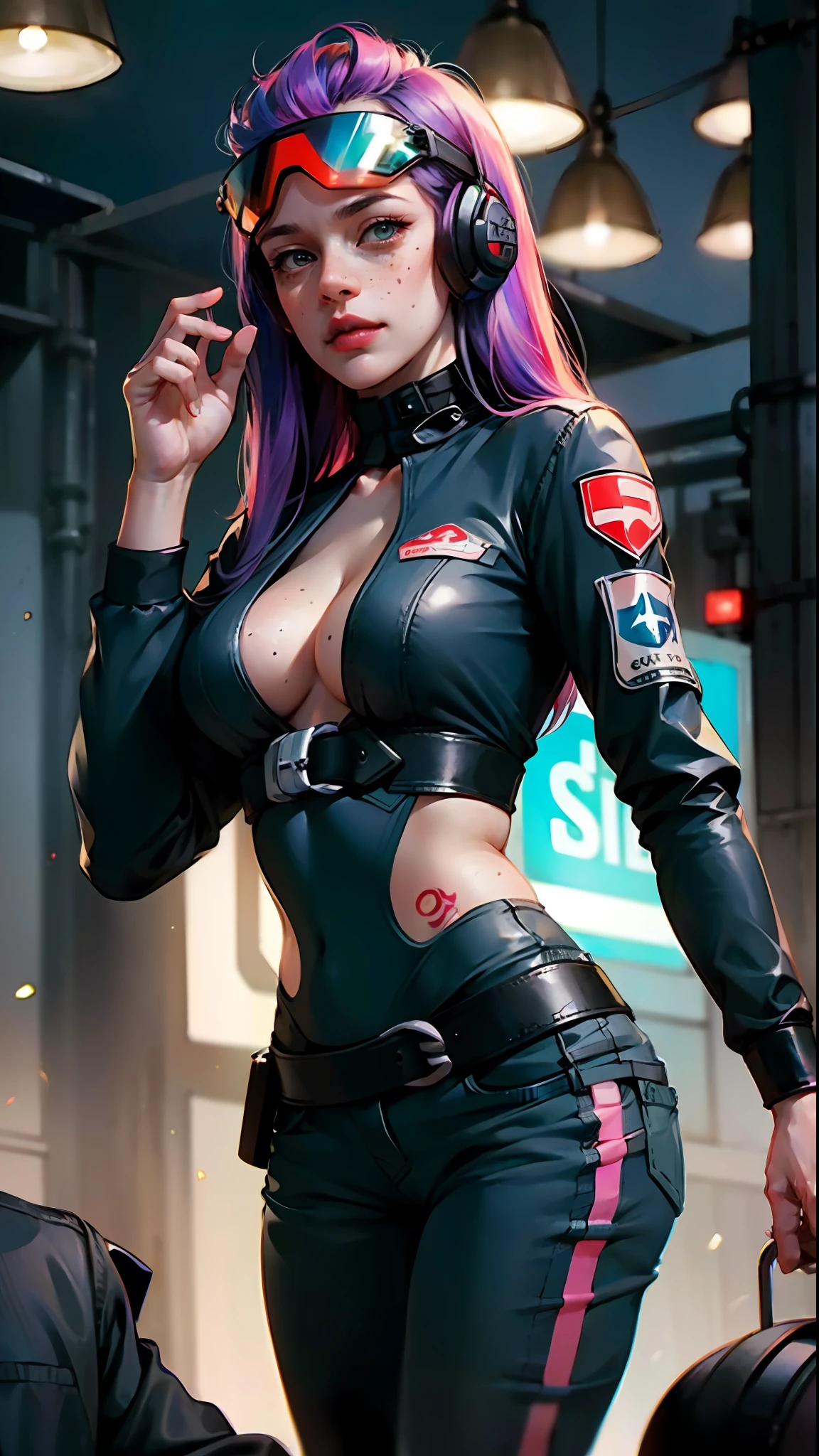 ((Best Quality)), ((Masterpiece)), glasses, militar pants, mature, perfect eyes:1.2, woman face, big breasts, detailed eyes:1.4, ((freckles)), woman, hightech visor, visor, high tech, hacker, irezumi, tattoo, techwear, headphones, messy hair, multicolored hair, purple hair, black jacket, gradient hair, leather clothes, (High Definition:1.3), 3D, Beautiful (Cyberpunk:1.3), Colored hair, militar, black clothes looking at camera, hacker woman, neo tokyo