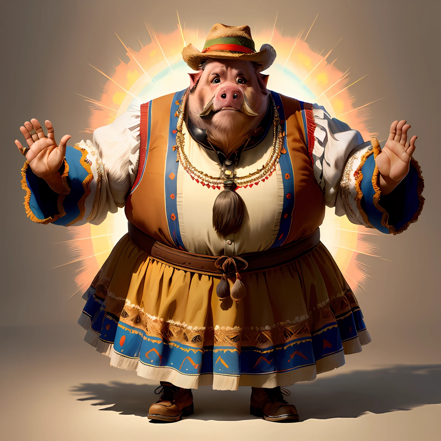 A standing pig,Expression of anger,A golden necklace around his neck,Wearing a straw hat,Wearing a black jacket,Wear black Martin boots on your feet
