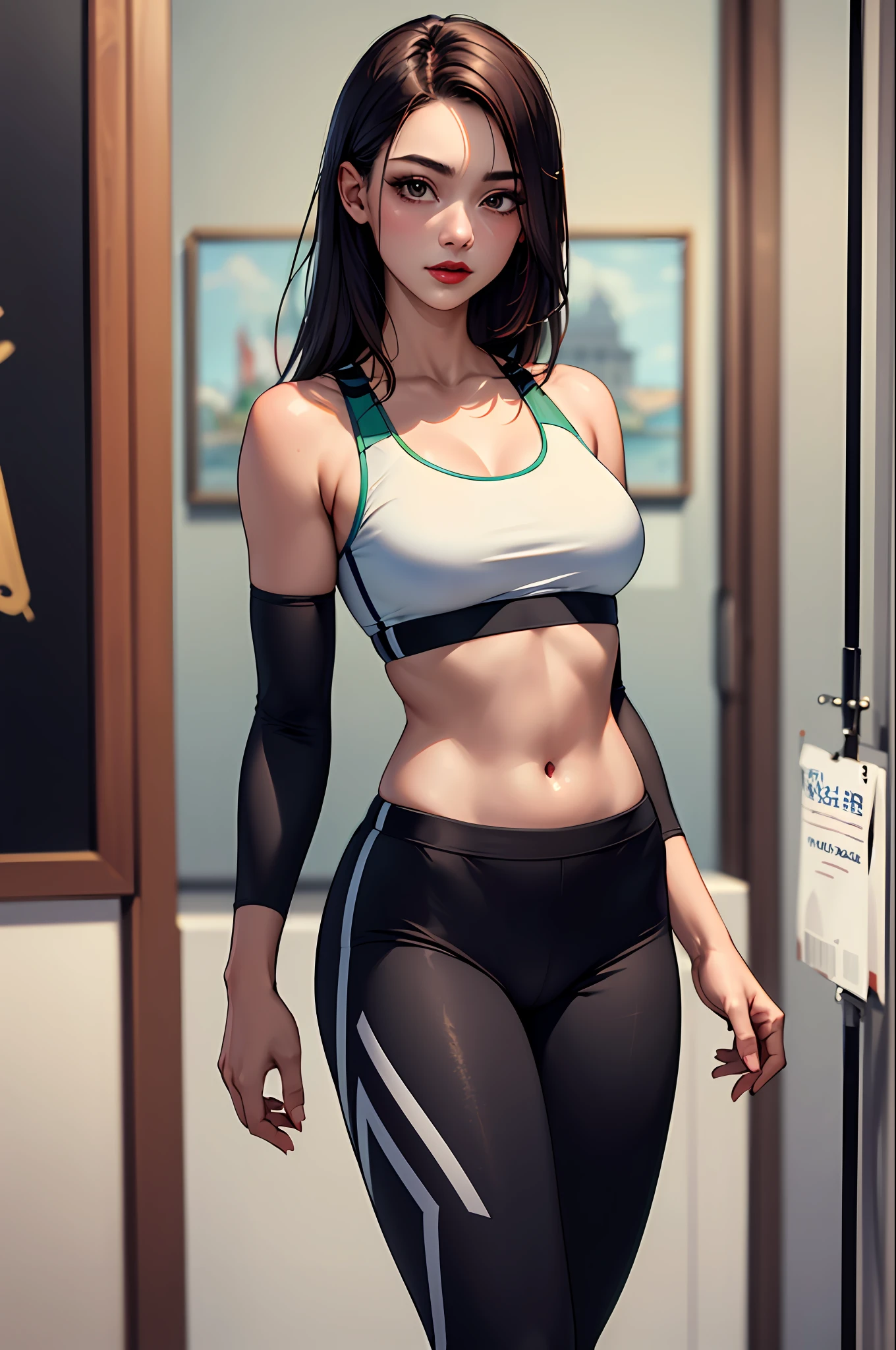 (​masterpiece:1.4)、(top-quality:1.4)、
1girl in, sports bra and leggings、(Arm sleeve),length hair, looking at the viewers, 独奏 ,realisitic,(shinny skin),(​masterpiece:1.4),(top-quality:1.4),red-lips