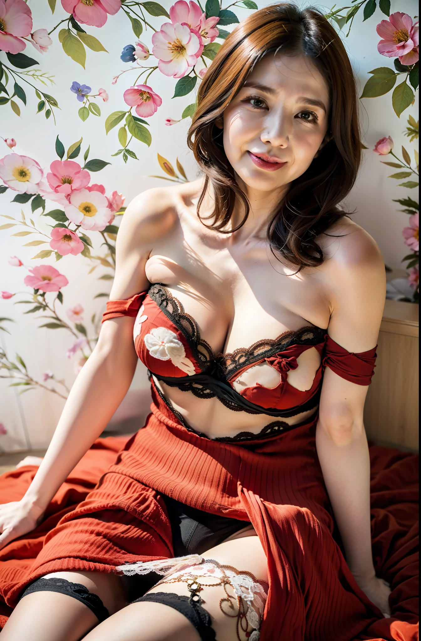 (flat-colors:0.9),(colourfull:1.1),(masterpiece:1,2), top-quality, masterpiece, hight resolution, Original, highly detailed wallpaper, Viewer's Perspective,Solo,portlate, ((A MILF))、53 years old、Mature Woman Body Set、Exposing breasts、Detailed tongue、Detailed mouth、Staring at this、undergarment、