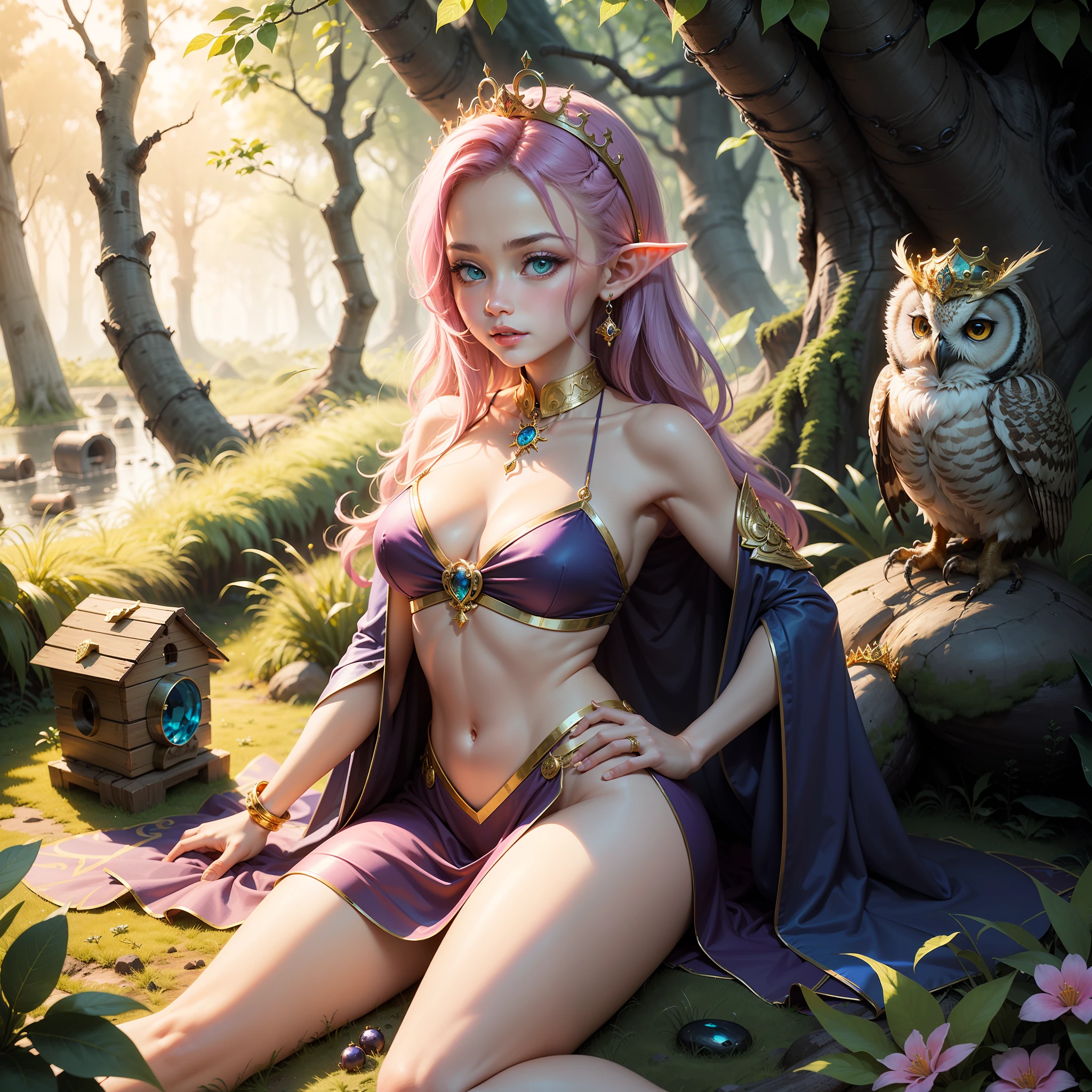 1girl, elf, (gold tiara with blue, pink purple gems), owl themed accessories, she lives in burrow in the deep forest full of colorful plants and exotic cretures --auto