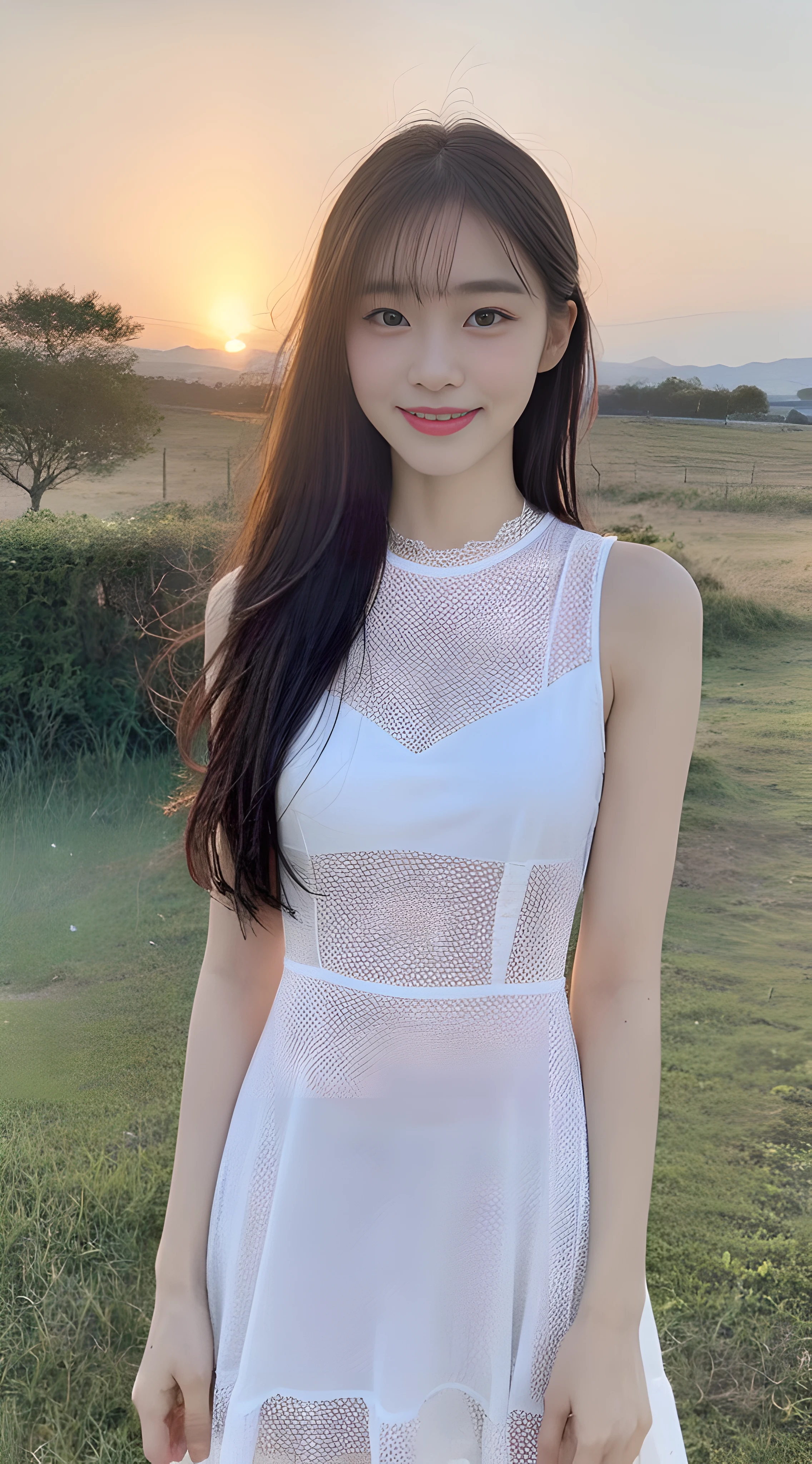 (1 Korean star with royal sister style), ((Best quality, 8K, 巨作: 1.3)), focal point: 1.2, Perfect body proportions: 1.4, (Make a smile), (Sunset: 1.3),  Watery eyes, Highly Detailed Face and Skin Textur, Fine eyes, Double eyelids, Whitens the skin, (long whitr hair, Air bangs: 1.3), (Round face inches: 1.5), (Wet dress dress: 1.4), （Sketch 1:2，）rural landscape。 （Blue sky and white clouds 1:4）