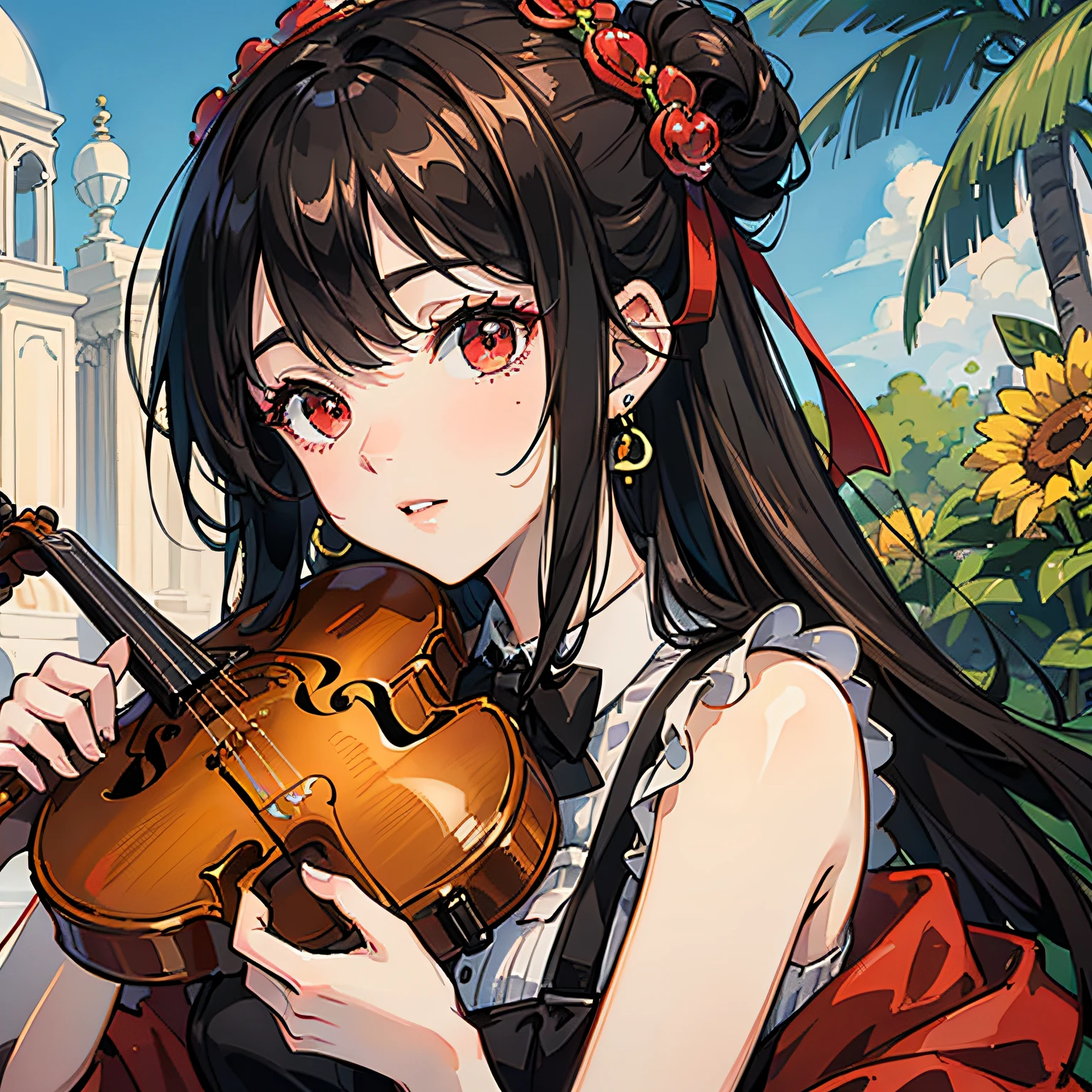 beautiful red eyes, black hair, sunshine, suspenders, violins, long hair, jewelry, cute --auto