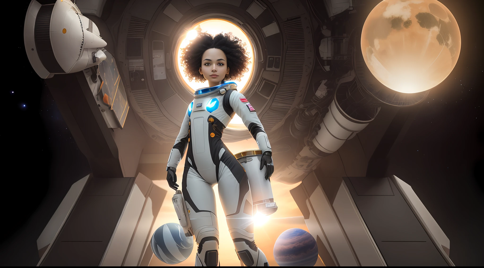 Panoramic, a black-skinned girl with curly hair in the foreground floats inside a large gravitational capsule, dynamic angle, (perfect smile, realistic bright eyes, perfect body, full body, open right arm, open right hand with 5 perfect fingers, open left arm, open left hand with 5 perfect fingers, right leg apart with perfect right foot,  stretched left leg with perfect left foot, perfect knees, perfect elbows, perfect neck, small hip, small breasts: 0.8), maximum quality, golden ratio, (small space objects in the background: 1.2), (((2 spaceships, 3 planets and 1 sun in the background: 0.5))), anime portrait Space Cadet Girl, from a 2 0 1 9 Sci Fi 8 K movie,  Zoe Kravitz futuristic astronaut, 8K movie still, still 8K movie, Zoe Kravitz as an astronaut, in spacesuit, girl in space, 8k landscape render, beautiful girl in spacesuit, amplitude, general plan, cinematic, photorealism, film grain, anamorphic, (no gravity: 1.8), gorgeous, milky, highly detailed skin, realistic skin details, visible pores, lomography, translucent,  maximum quality