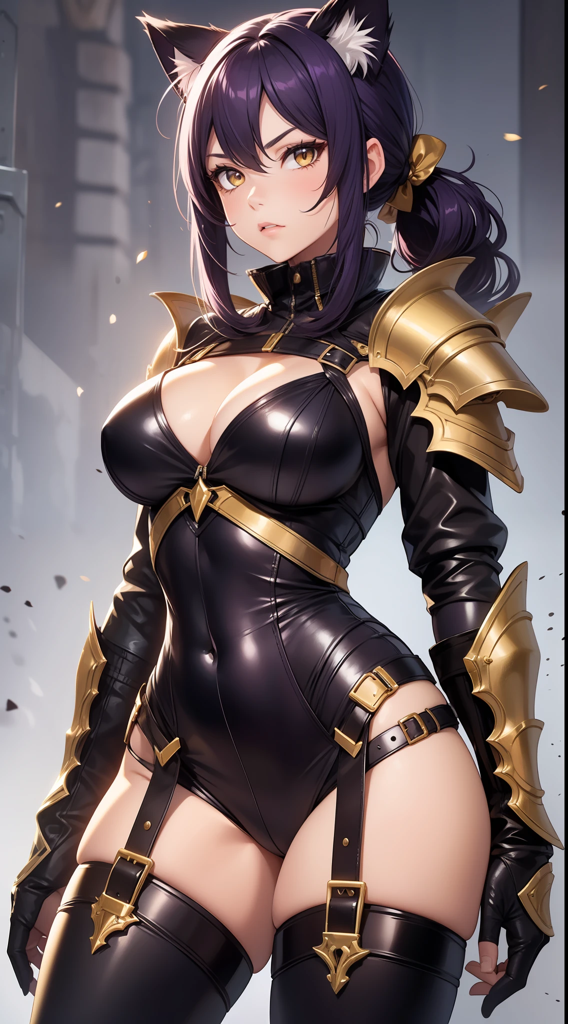 Adult woman, dark purple hair, low ponytail, golden eyes, cat ears, Tight-fitting leather armor, anger, Masterpiece, hiquality