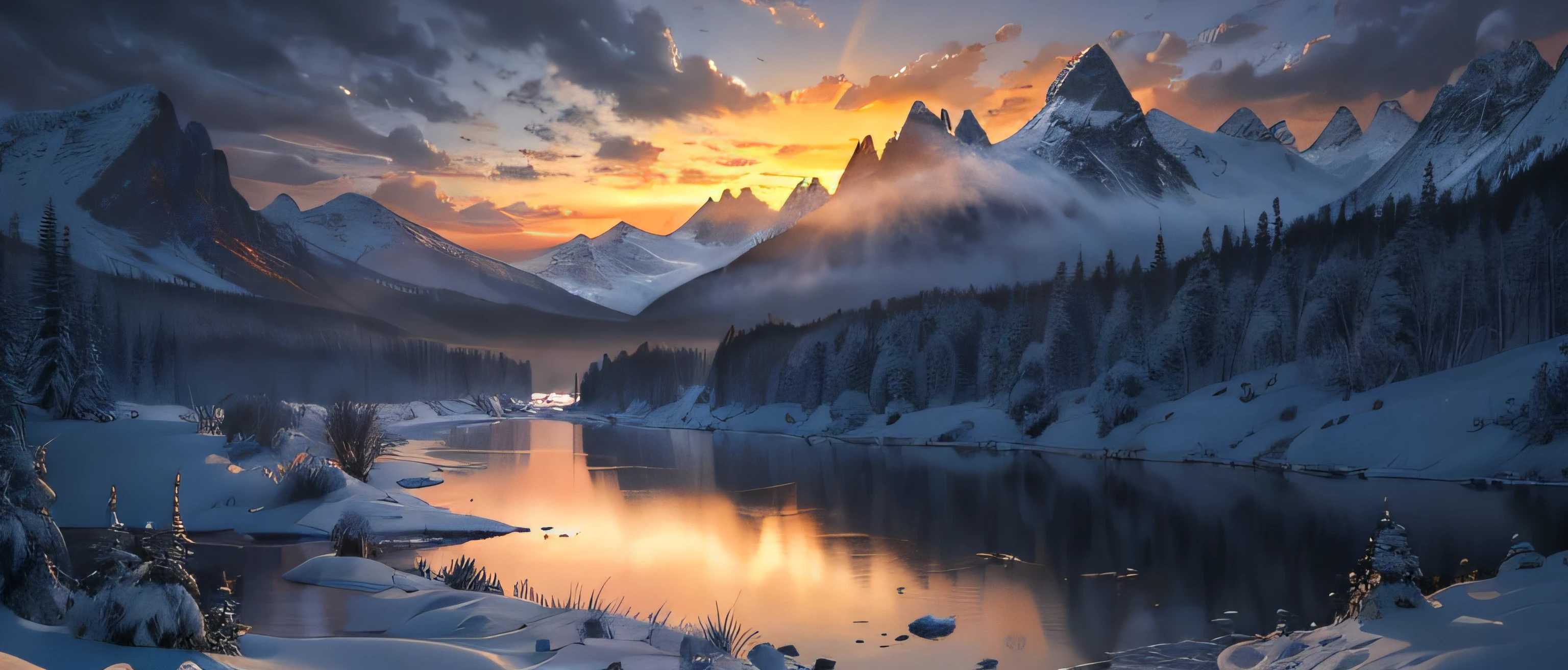 Snowy mountain landscape with rivers and sunsets, Beautiful art UHD 4 K, 4k hd matte digital painting, 4k highly detailed digital art, Detailed painting 4 K, 8K stunning artwork, 8 k resolution digital painting, 8k resolution digital painting, stunning digital painting, 4k digital painting, 4 k digital painting, beautiful digital painting, Beautiful oil matte painting