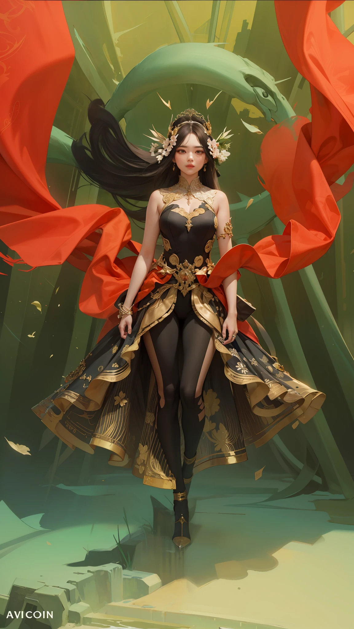 ,master piece,wallpaper,best quality, ultra detailed,perfect face,ban,quan,PerfectNwsjMajic,portrait of the most beautiful form of chaos, elegant, a brutalist designed, solo,1girl,yuechan_wedding_lothes,look at the viewer, (full body),floating,stangding, Long hair blowing in the wind
