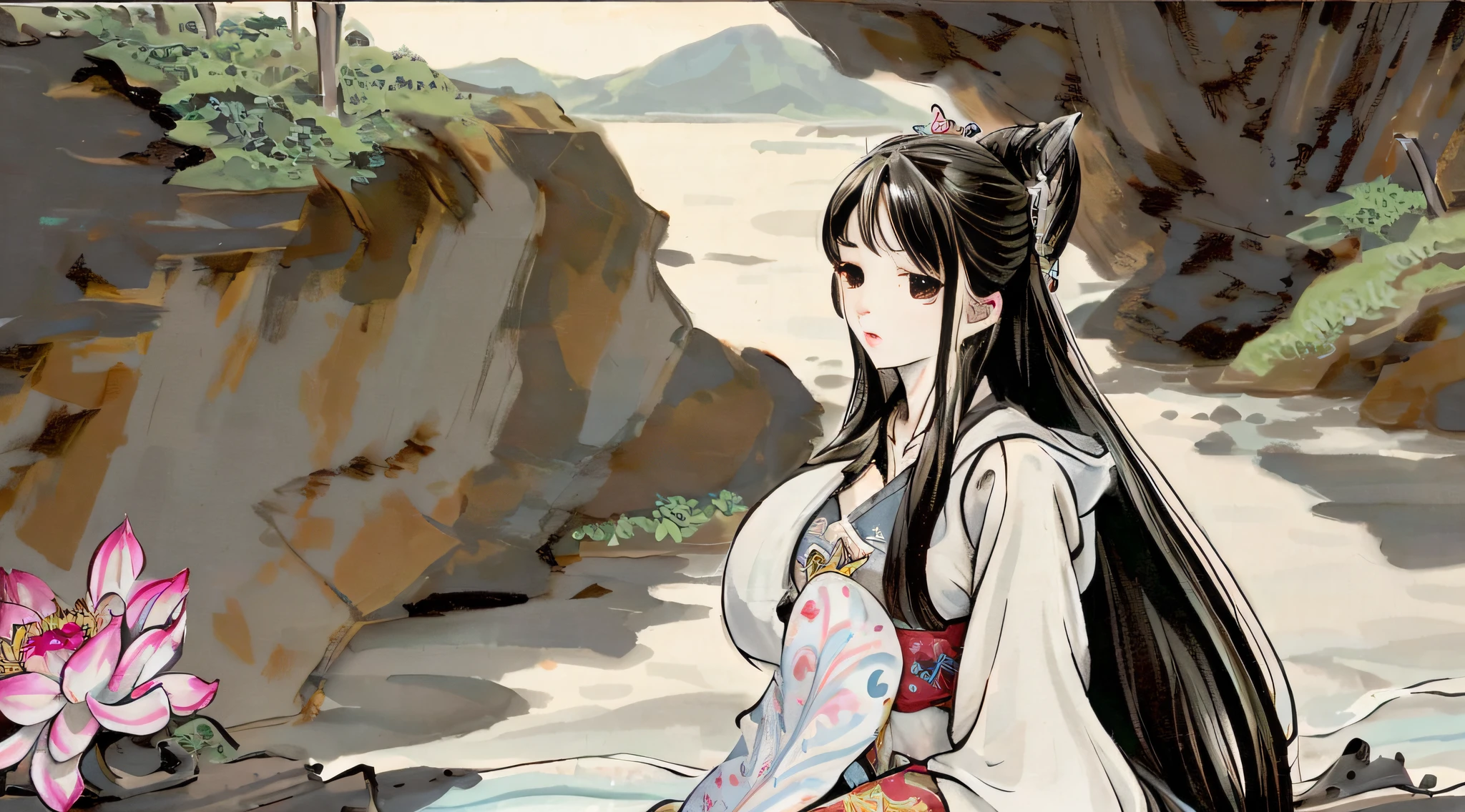 Cute mermaid sitting in a huge silver-white shell,Kizi,She combs her hair with a comb,Looking out to the ocean,Beautiful and sexy,Traditional Chinese painting,lotuses,Hanfu,whaite hair,long whitr hair,swell sea,ventania,pearl accessories,Lots of detail,Masterpiece,super high image quality,4K