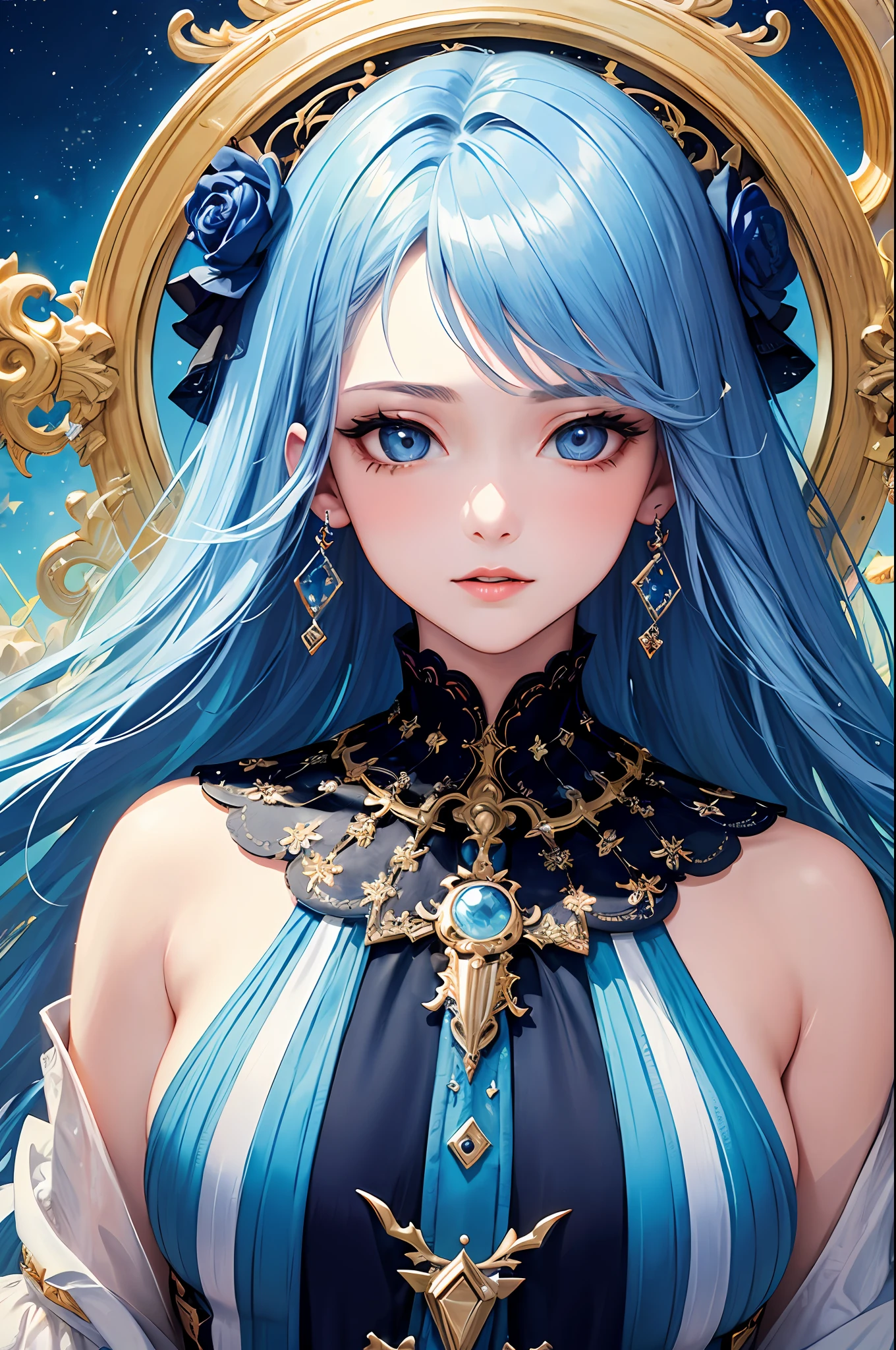 (​masterpiece、top-quality、top-quality、Official art、Beautifully Aesthetic:1.2)、(1girl in)、ighly detailed、(Fractal Art:1.3)、colourfull、highestdetailed、Sagittarius temperament、Fantasia、soothing、sorcerer、Royal Blue Eyes、Long、