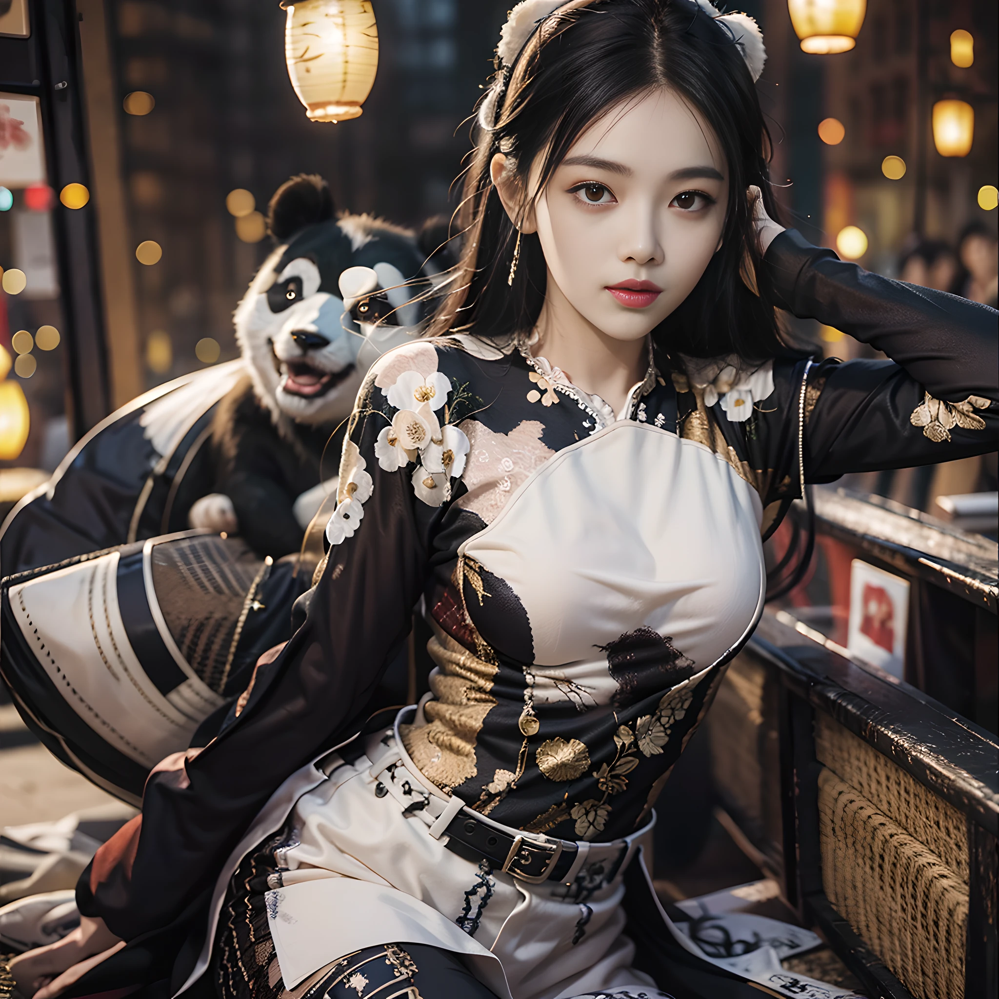best qualityer，tmasterpiece，（真实感：1.4），full bodyesbian，1girll，对称，highly  detailed，glaring lights，电影灯光，Contrast，textureskin，hasselblatt，45 degree，Photo of Kilikira，Girl in samurai armor riding on a panda Adero chubby panda