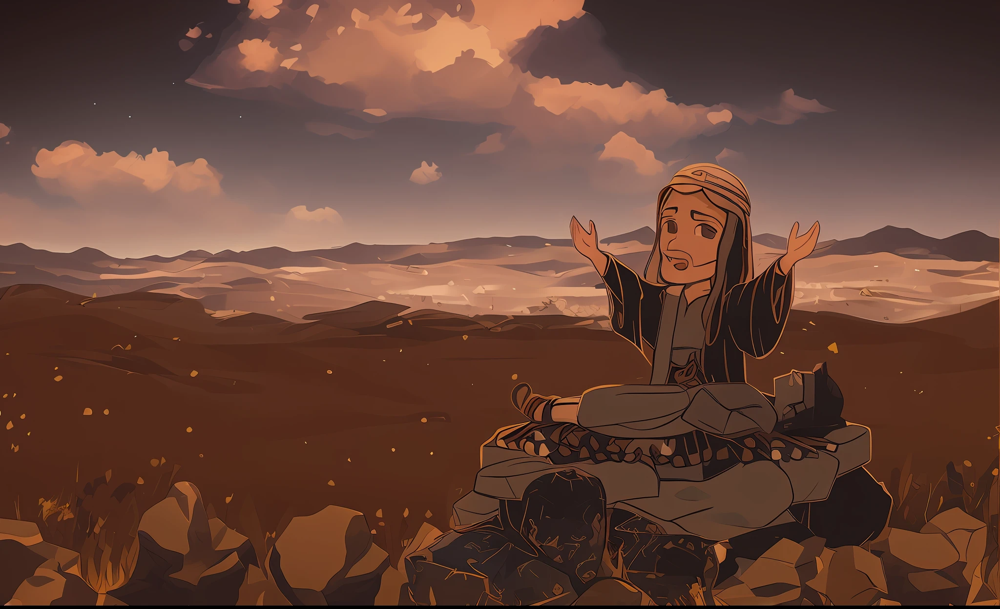 desenho animado de um homem sentado em uma rocha em um campo, bible illustration, animation still, animation movie still, fanart oficial, animado ainda, Papel de parede - 1 0 2 4, bloqueando o sol, an arab standing watching over, animation movie still, cena triste, background is celestial, Rei da Colina, Completo - Ver, stylized digital illustration, Album art, vista ampla