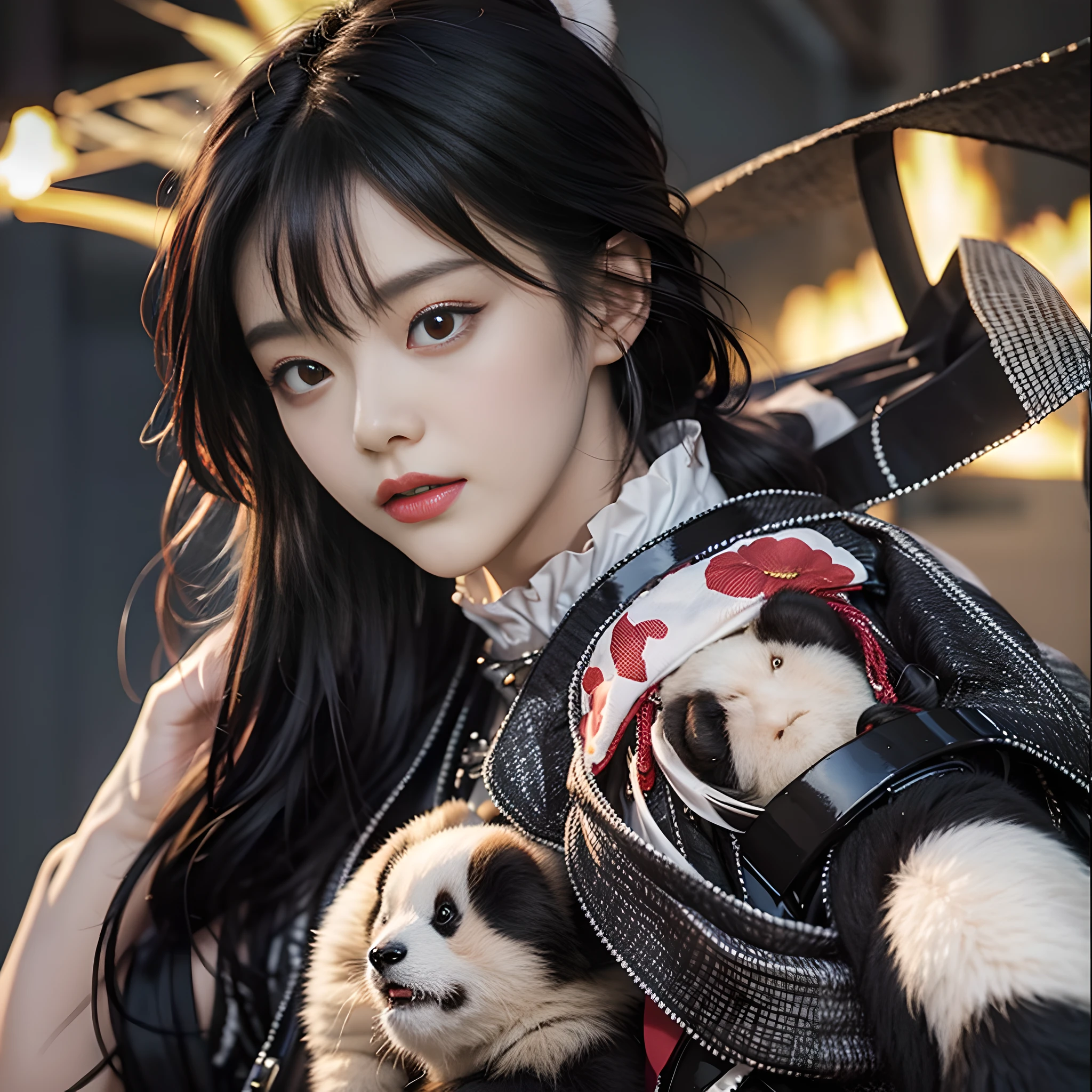 best qualityer,tmasterpiece,(真实感:1.4),full bodyesbian,1girll,对称,highly detailed,glaring lights,电影灯光,Contrast,textureskin,hasselblatt,45 degree,Photo of Kilikira,Girl in samurai armor riding on a panda Adero chubby panda