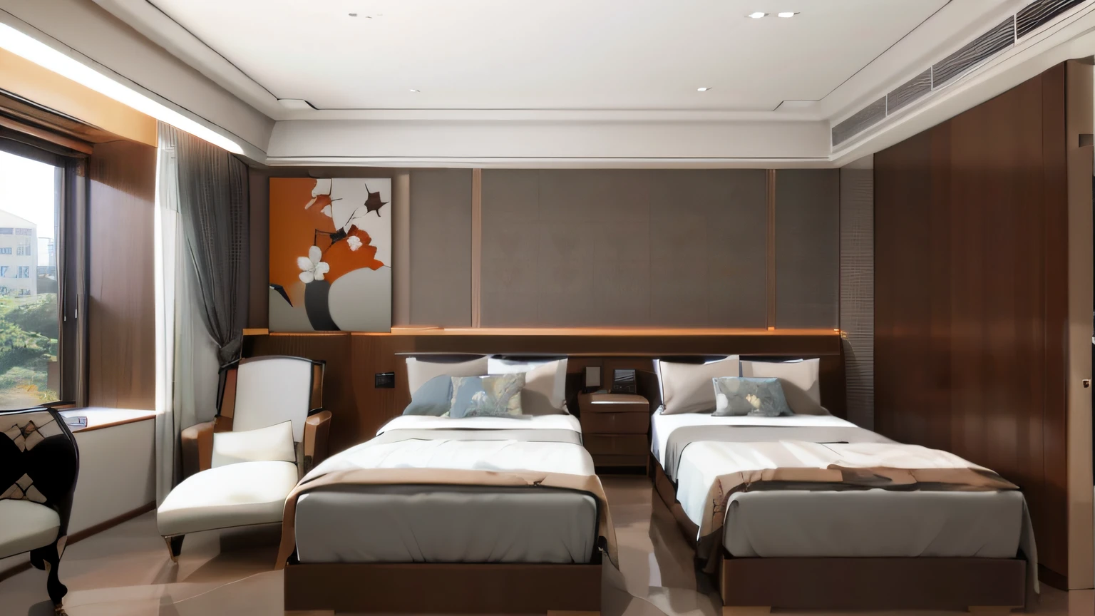 There are two beds in the room with large windows, Bed room, luxury hd render, Bedroom, high quality rendering, Can see the other bedrooms, Whole room, room interior, screengrab, digital art h 9 6 0, room interior, Exquisite rendering, room interior, indoor room, Bedroom interior, inside bedroom, high quality rendering