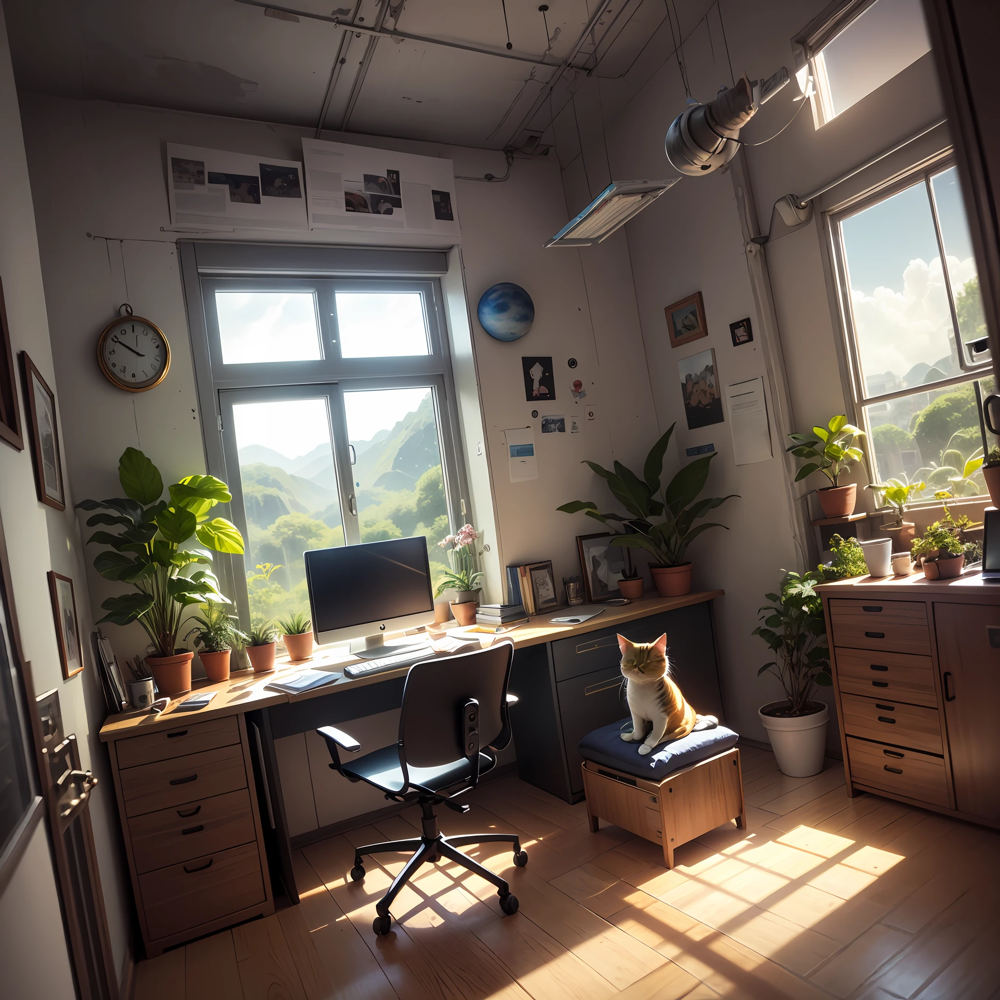 a room in the space of an alien with a computer on a desk, window with view of the planets, plantas no quarto e um gato na janela. -imagine --auto --s2