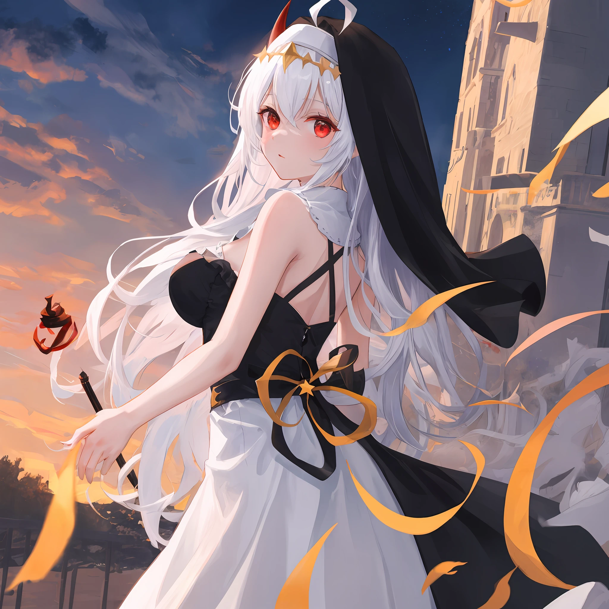 tmasterpiece,Need,Extremely detailed Cg Unity 8K wallpaper,paper cut out,Scary skies,(The upper part of the body),1个Giant Breast Girl,red eyes,Black and white hair,Gradient hair,hair between eye,ahoge,devil horns,Drill hair,Idade:,back to look back,Nun dress,White stockings,Mary Jenny,star headdress