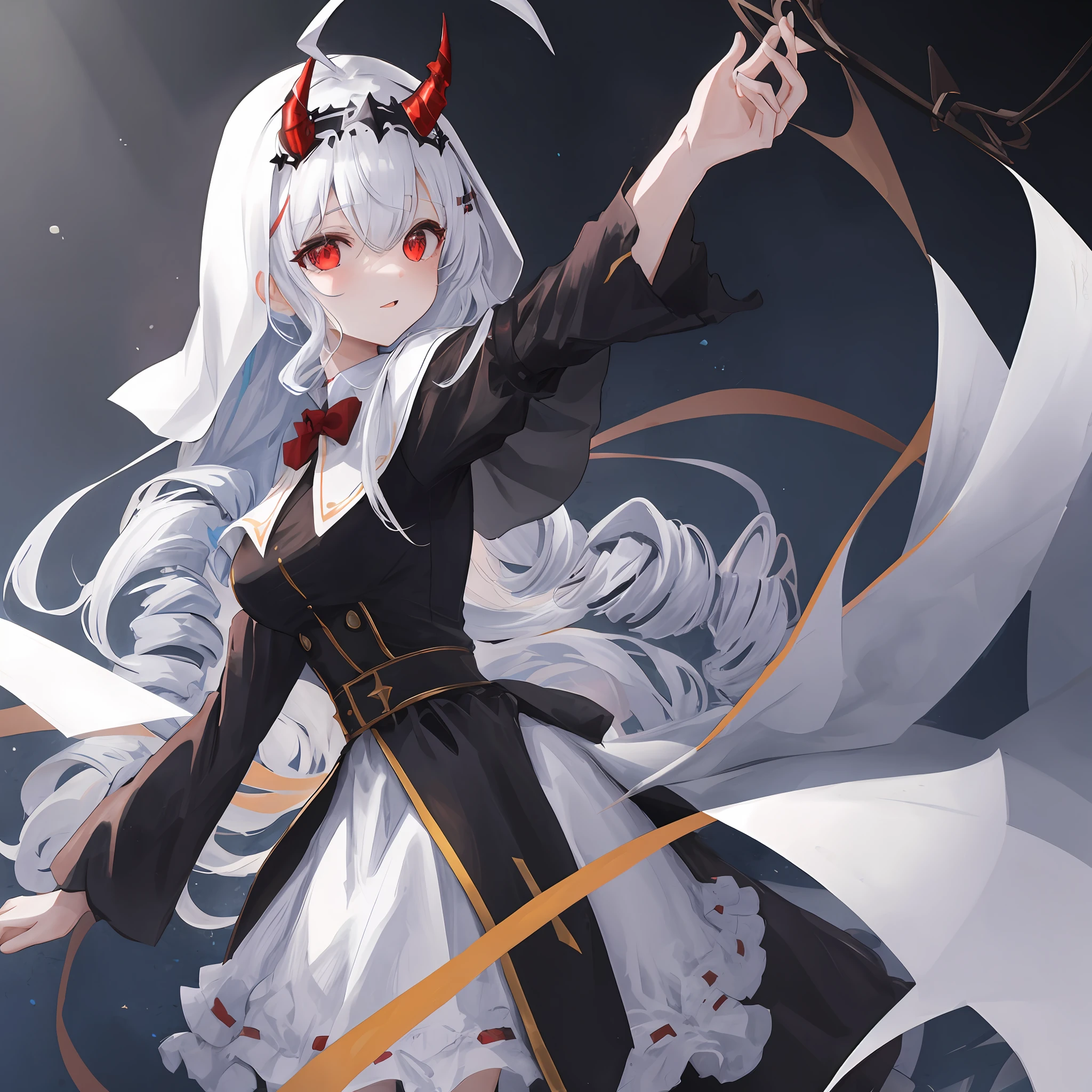 tmasterpiece,Need,Extremely detailed Cg Unity 8K wallpaper,paper cut out,Scary skies,(The upper part of the body),1个Giant Breast Girl,red eyes,Black and white hair,Gradient hair,hair between eye,ahoge,devil horns,Drill hair,Idade:16,back to look back,Nun dress,White stockings,Mary Jenny,star headdress