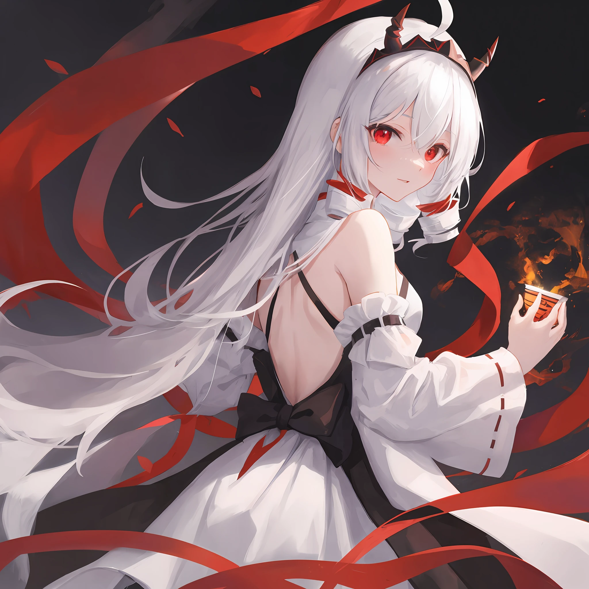 tmasterpiece,Need,Extremely detailed Cg Unity 8K wallpaper,paper cut out,Scary skies,(The upper part of the body),1个Giant Breast Girl,red eyes,Black and white hair,Gradient hair,hair between eye,ahoge,devil horns,Drill hair,Idade:,back to look back,Nun dress,White stockings,Mary Jenny,star headdress