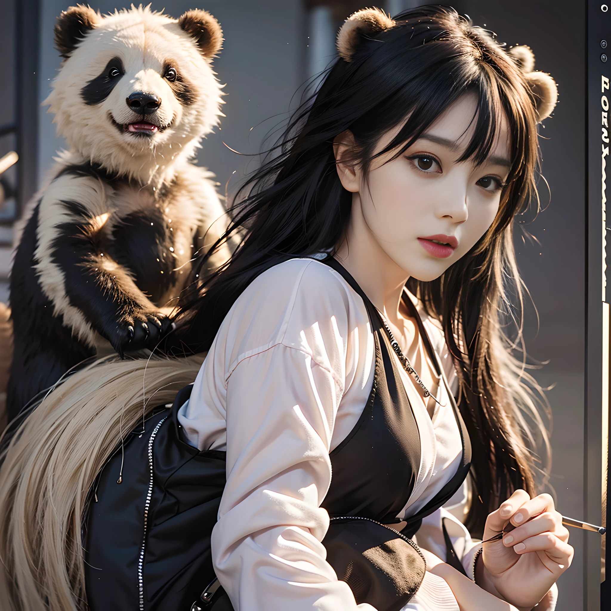 best qualityer,tmasterpiece,(真实感:1.4),full bodyesbian,1girll,对称,highly detailed,glaring lights,电影灯光,Contrast,textureskin,hasselblatt,45 degree,Photo of Kilikira,Chubby panda of Adro, girl riding on bear in samurai armor