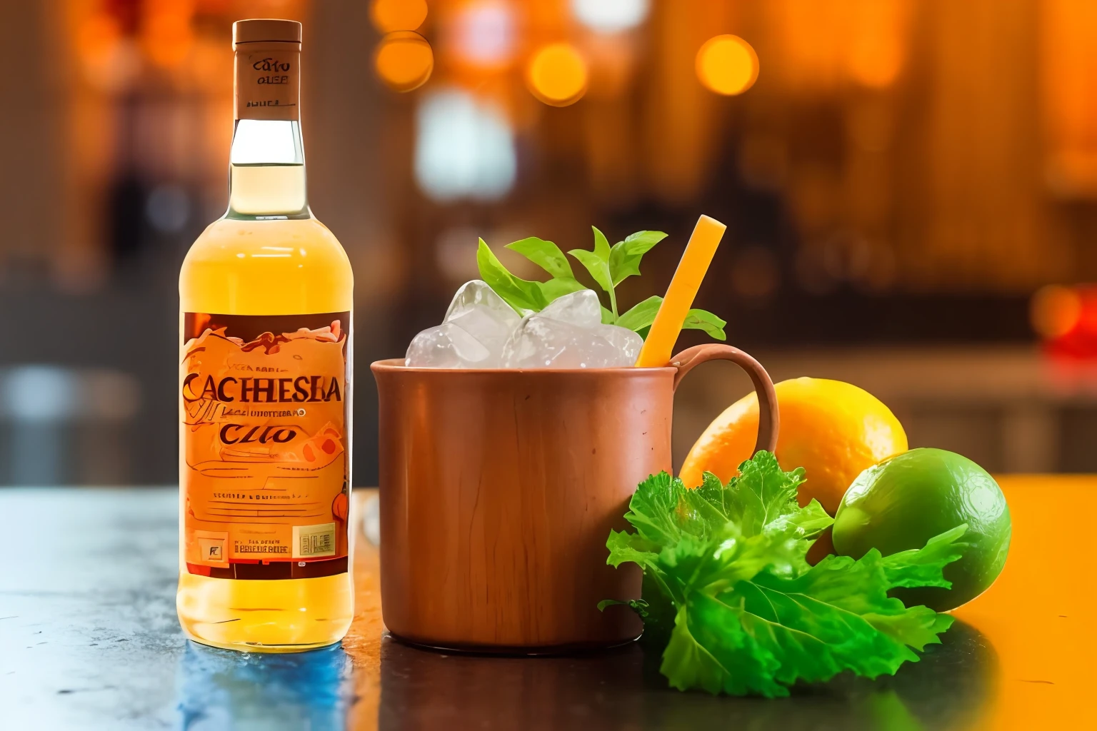 Bottle of cachaça, frutas, caneca com gelo, ultra realista, Redo