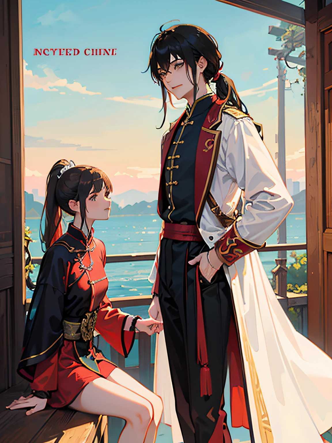 novel cover，Ancient Chinese romance novels，Antique anime style，a young man and a woman，Male protagonist and female protagonist，The painting style is a little lively，The male protagonist has long hair and ponytail，Write the title of the novel in the middle --auto