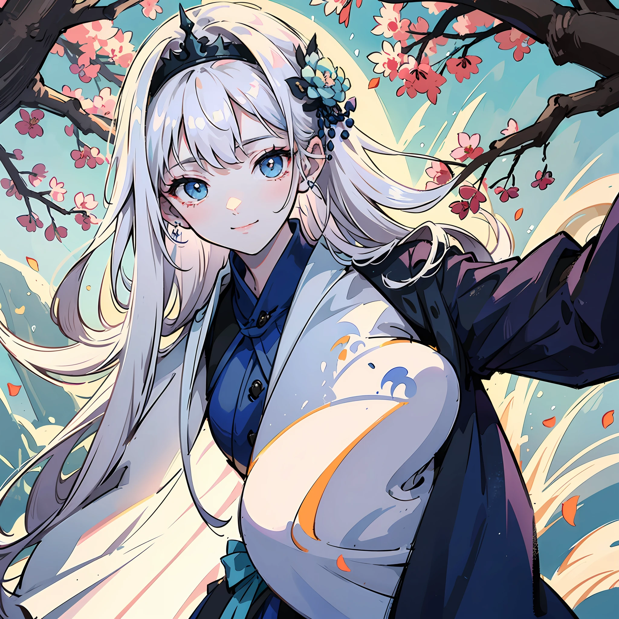 (PaintsChainer) Anime comic style,White hair,Light blue hanfu,Light tiara,Monochromatic and conservative clothing,Below the scene is a large tree,The sunlight casts dappled light and shadow,Warm and gentle,A warm smile spread across his face,The entire canvas should not be overly complex，Only the beauty of this spring remains，4k。 --auto