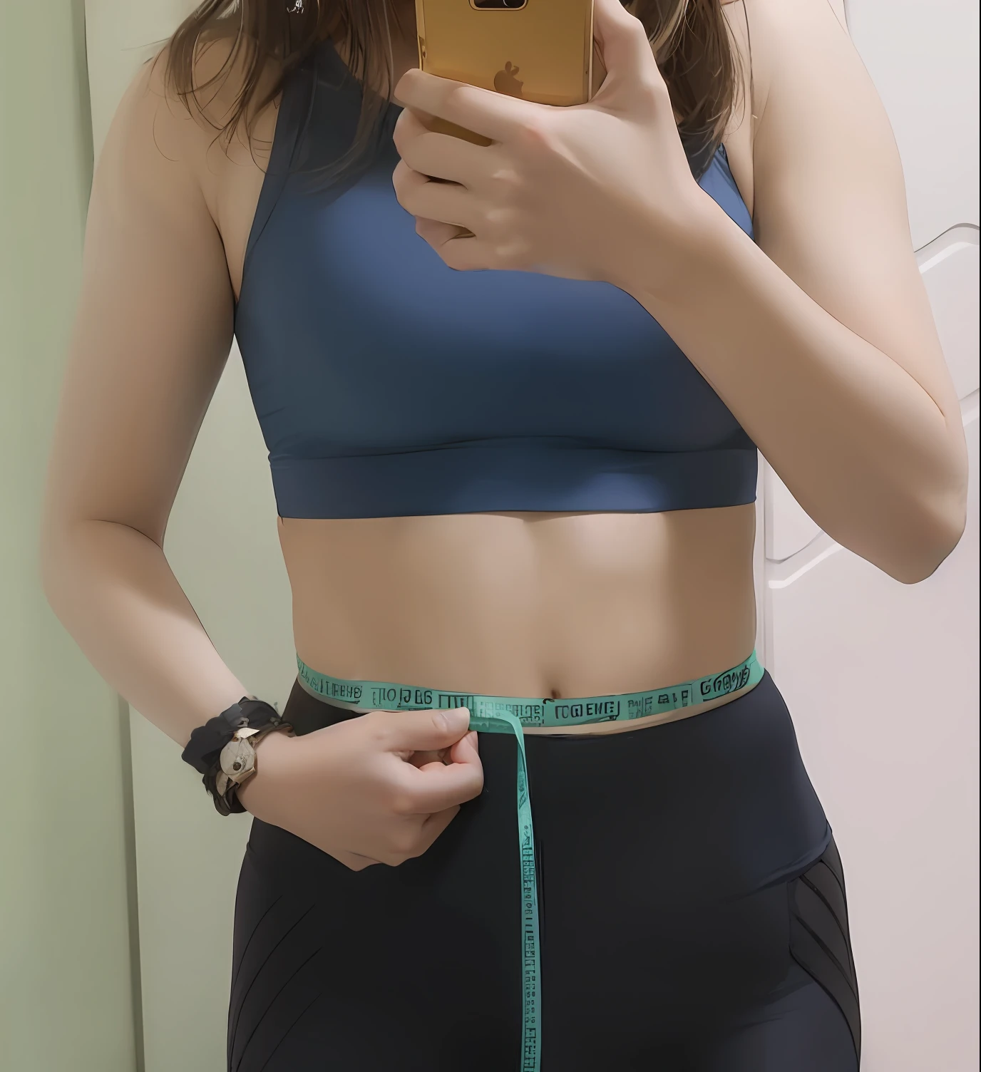 Allard woman in blue sports bra top holding a cell phone, half body crop, Thin waist, skinny waist and thick hips, Slender waist, fit pic, Slim waist, smallest waistline ever, with a thin waist, big breasts thin waist, full extremely slim body, big breasts thin waist, fit dainty figure, photo of slim girl --auto