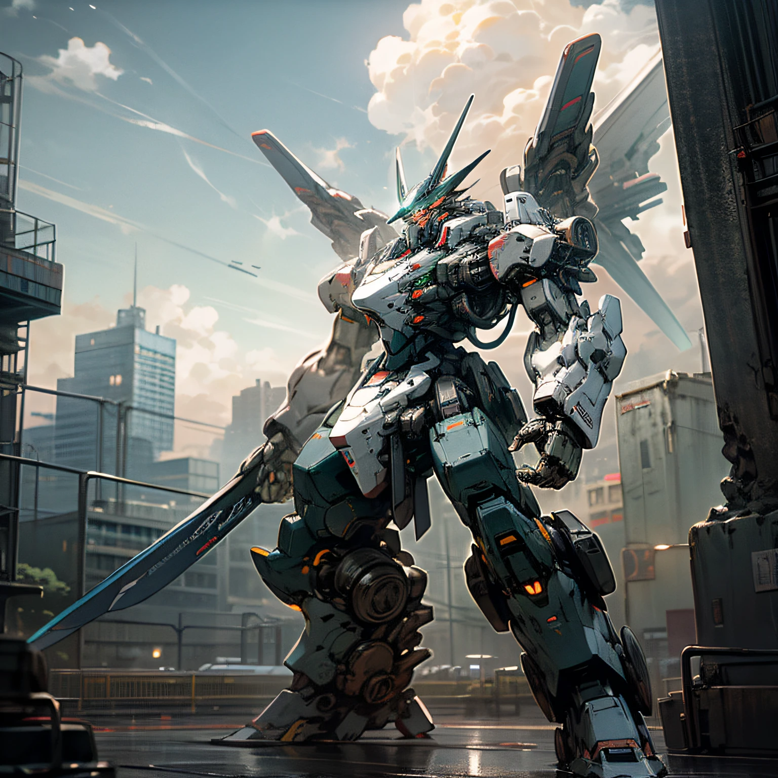 Sky, Clouds, holding_weapon, no_humans, Glow, Mecha, Architecture, glowing_eyes, Mecha, Science Fiction, City, Reality, Mecha, High Detail, Very Detailed, High Quality, (Ultra Wide Angle), Long Range --auto