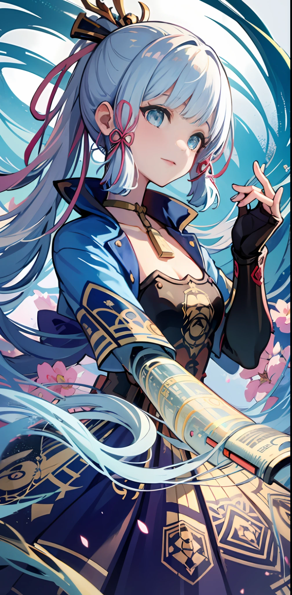 (((tmasterpiece))), 4K 分辨率, highly detailed, (((Very detailed eyes))), detailed back ground, cinmatic lighting, crystal shining eyes,Beautiful beautiful girl, high high quality, A high resolution, hyper-detailing, 8k, best qualtiy, 1girl, 独奏,(light blue hair),light particules,sunny clear sky,the cherry trees, (tmasterpiece:1.3), (best qualtiy:1.2), (super fine illustrations:1.2), (tmasterpiece), high high quality, high detal, (独奏:1.4),(Circular image)), full bodyesbian, 1girll, Kamiasto ayaka, ssmile, Be red in the face, Keep one's mouth shut, Black gloves