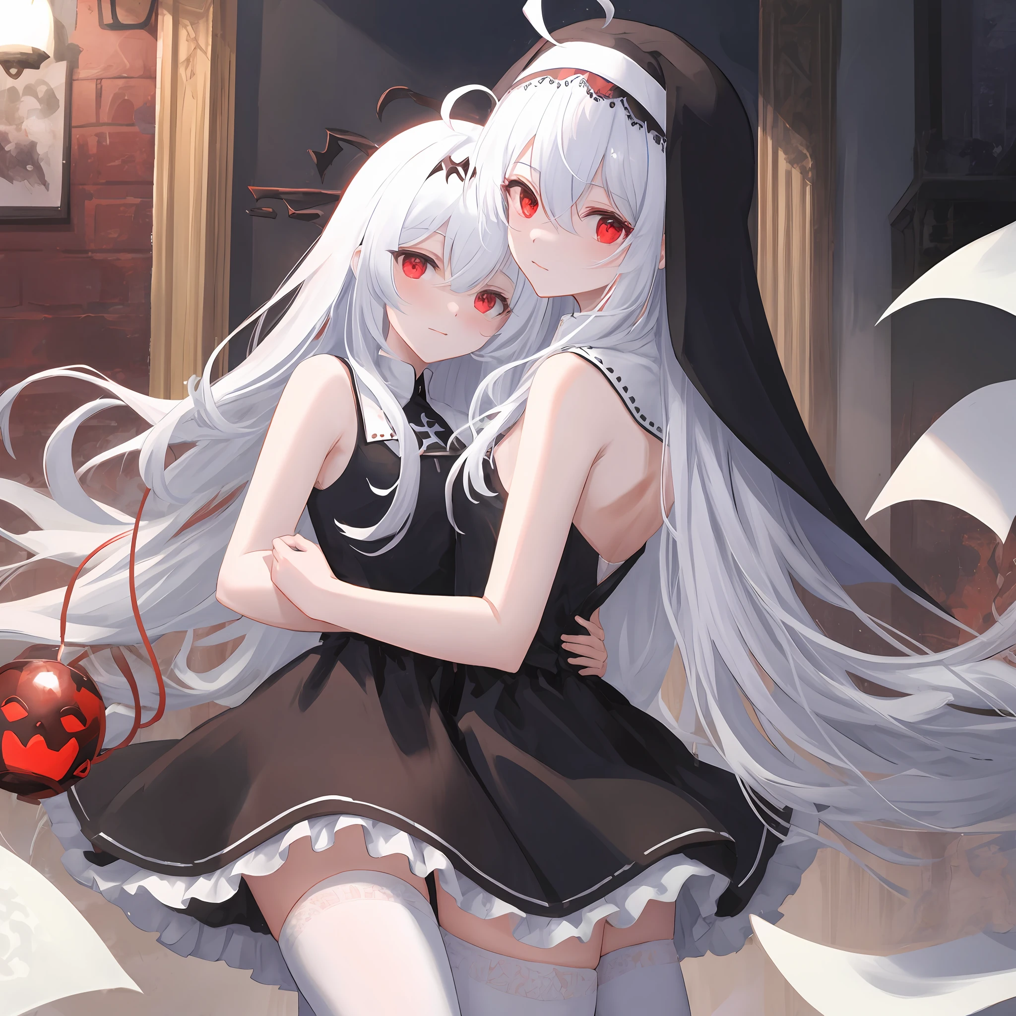 tmasterpiece,Need,Extremely detailed Cg Unity 8K wallpaper,paper cut out,Scary skies,(The upper part of the body),2 cuddling girls,red eyes,Black and white hair,Gradient hair,hair between eye,ahoge,devil horns,Drill hair,Idade:16,back to look back,Nun dress,White stockings,Mary Jenny,star headdress