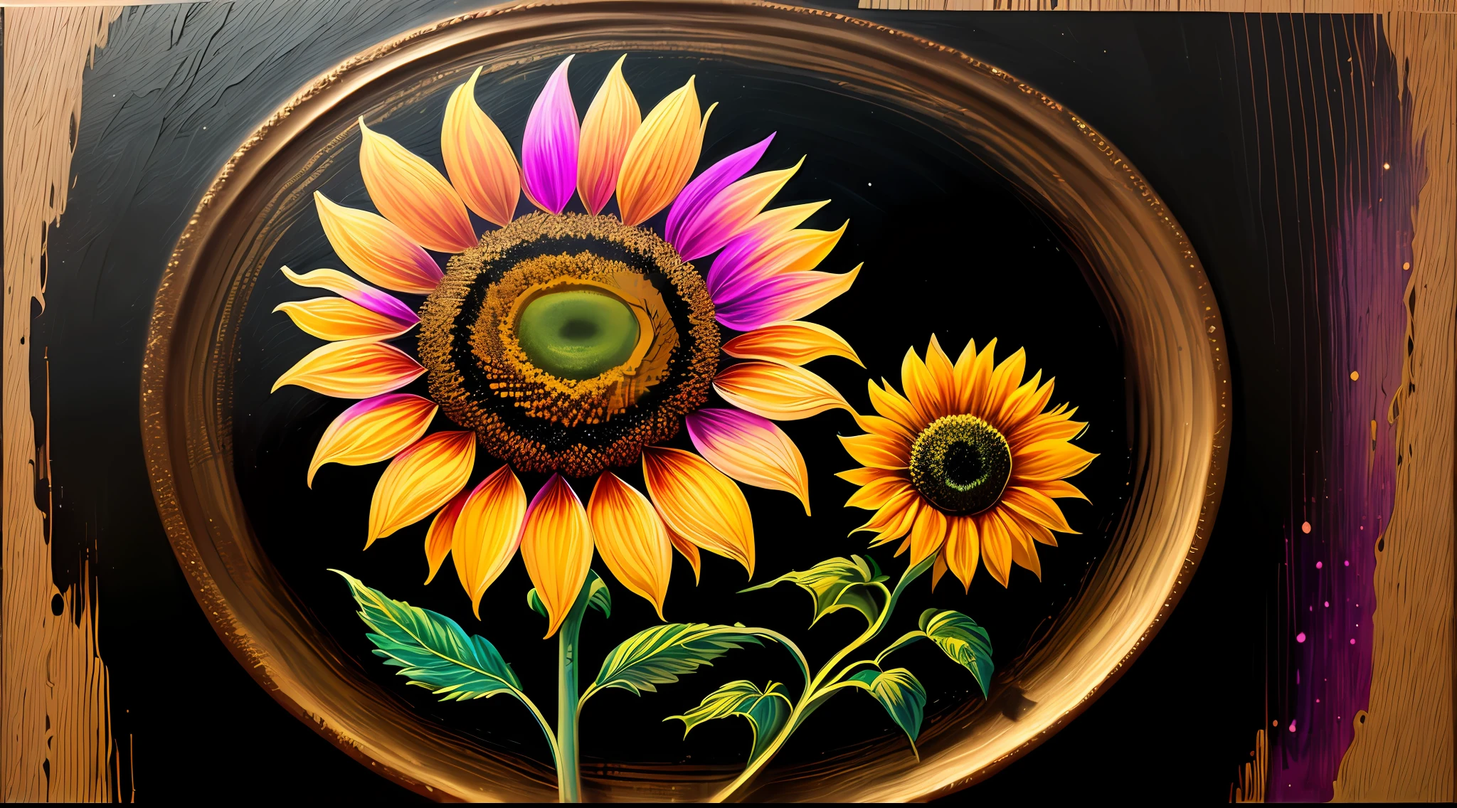 a painting of a colorful sunflower on a black background, , breathtaking rendering, within a radiant connection, inspired by Kinuko Y. Craft,, magical elements, sunflower icon, wow, is gorgeous, casting a multi colorful spell, bright flash, flash --auto