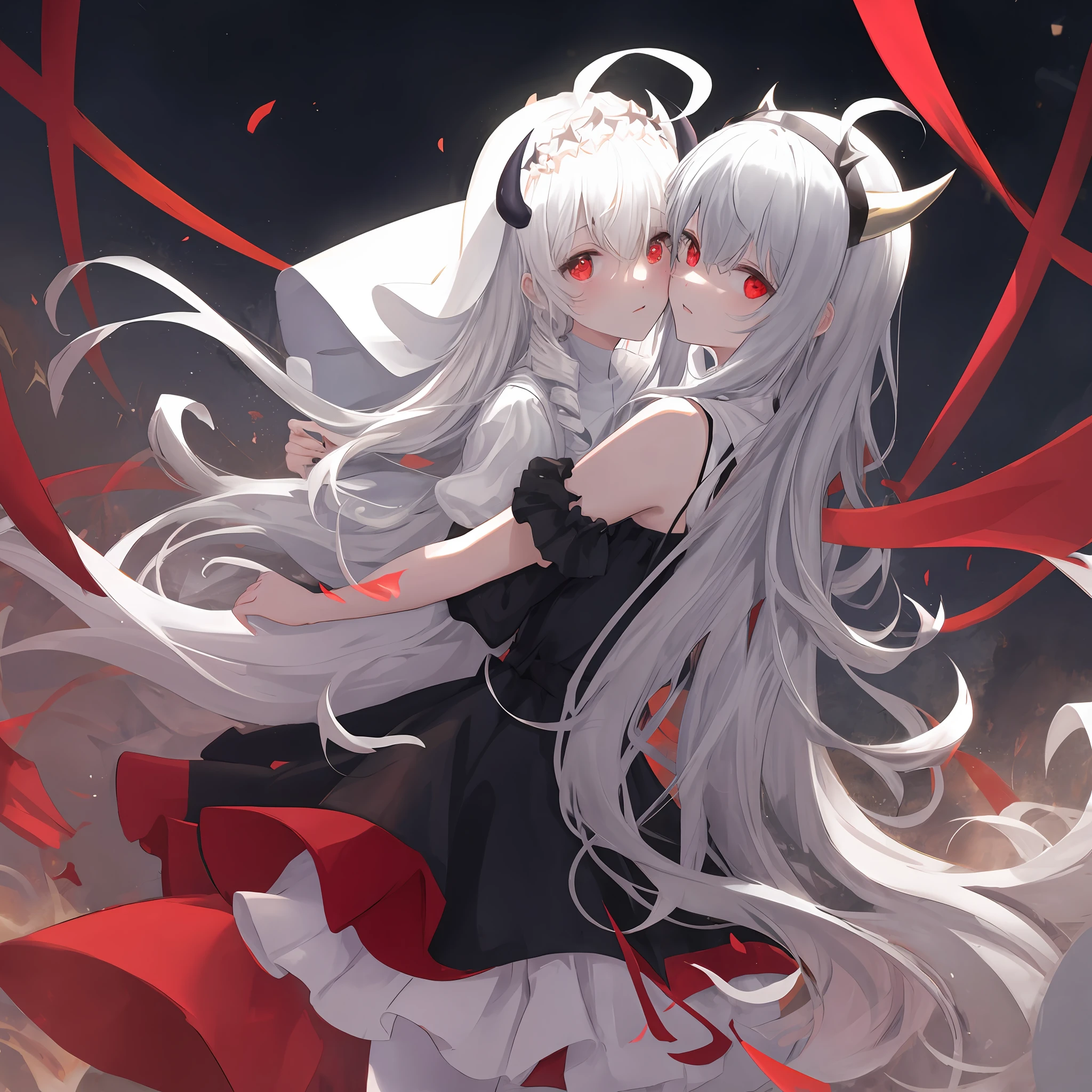 tmasterpiece，Need，Extremely detailed Cg Unity 8K wallpaper，paper cut out，Scary skies，（The upper part of the body），2 cuddling girls，red eyes，Black and white hair，Gradient hair，hair between eye，ahoge，devil horns，Drill hair，Idade：16，back to look back，Nun dress，White stockings，Mary Jenny，star headdress