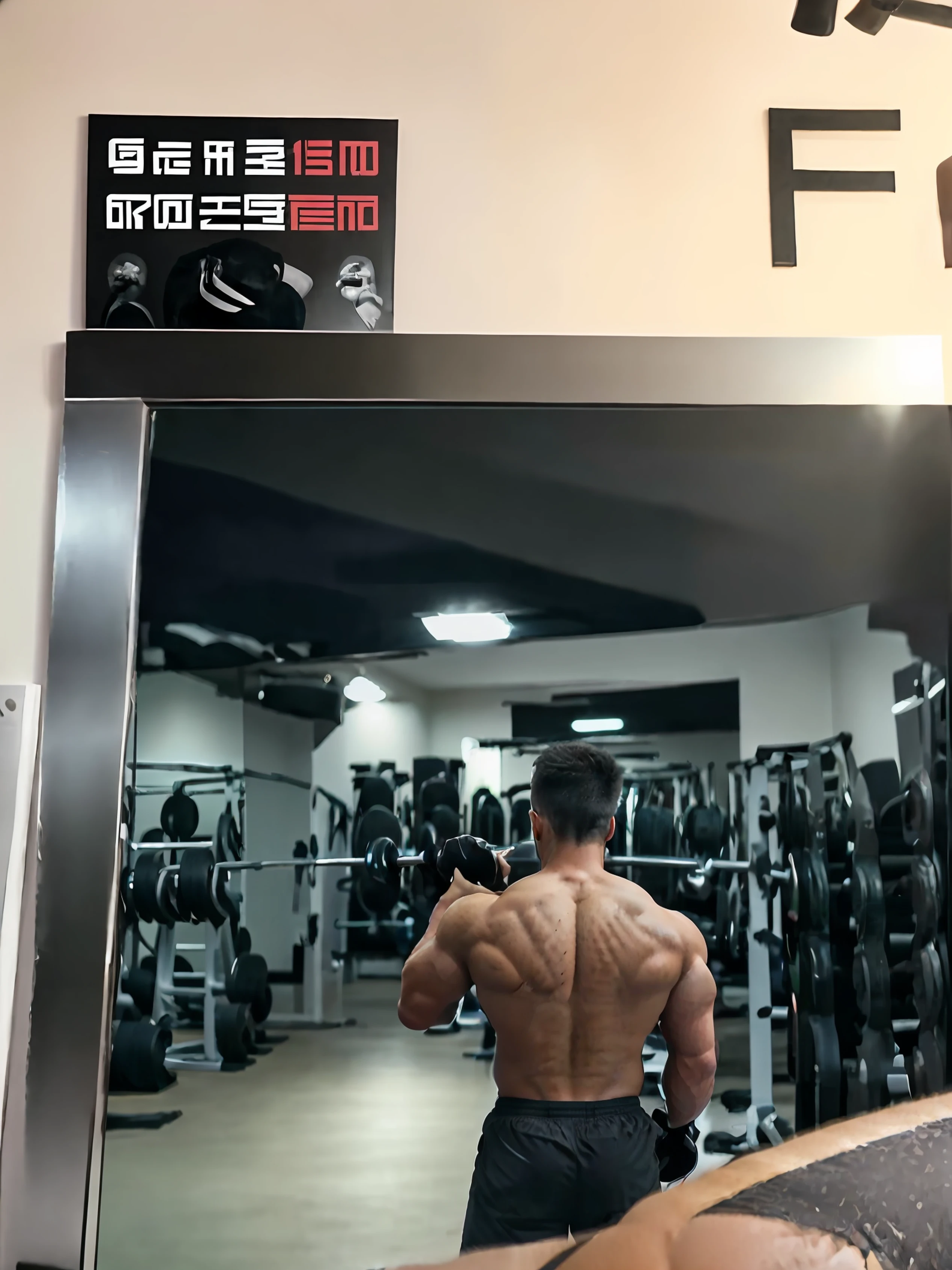 there is a man that is standing in front of a mirror, The shoulders can be seen, in the gym, in full growth from the back, fit pic, from back, in full growth from the back, on back, fit physique, back stance, symmetrical shoulders, ifbb fitness body, Back - View, Watching from behind, bshoulders